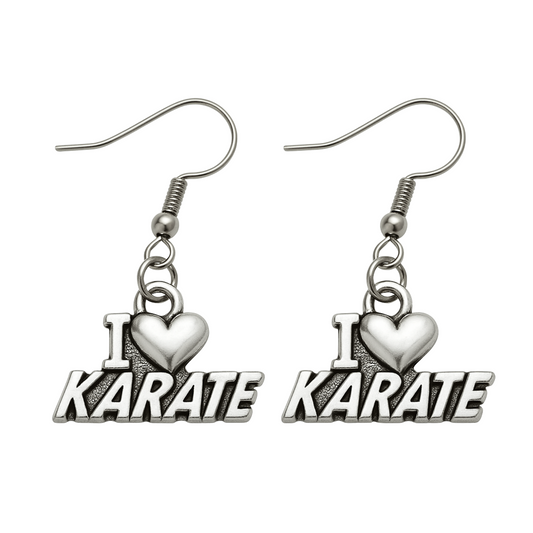 Silver dangle earrings with “I ❤️ KARATE” charms on stainless steel hooks for martial arts lovers
