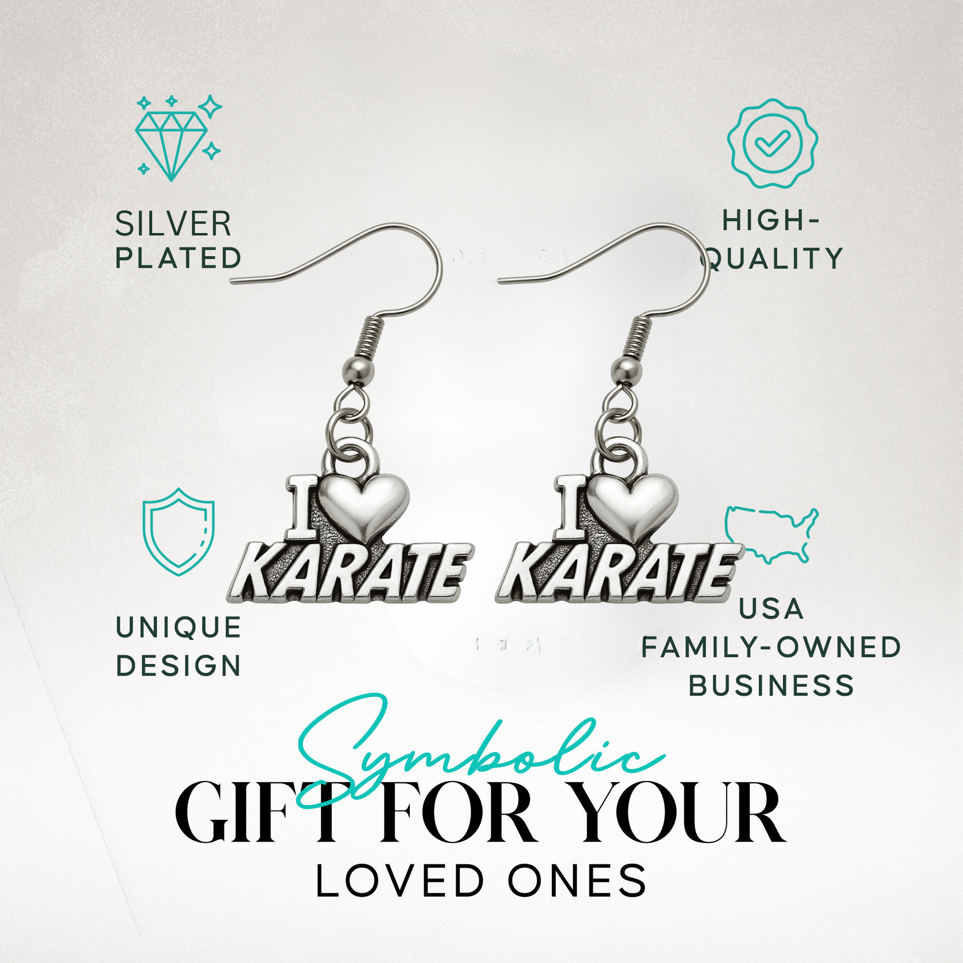 Karate-themed earrings displayed in gift-ready packaging with icons for hypoallergenic and durable design