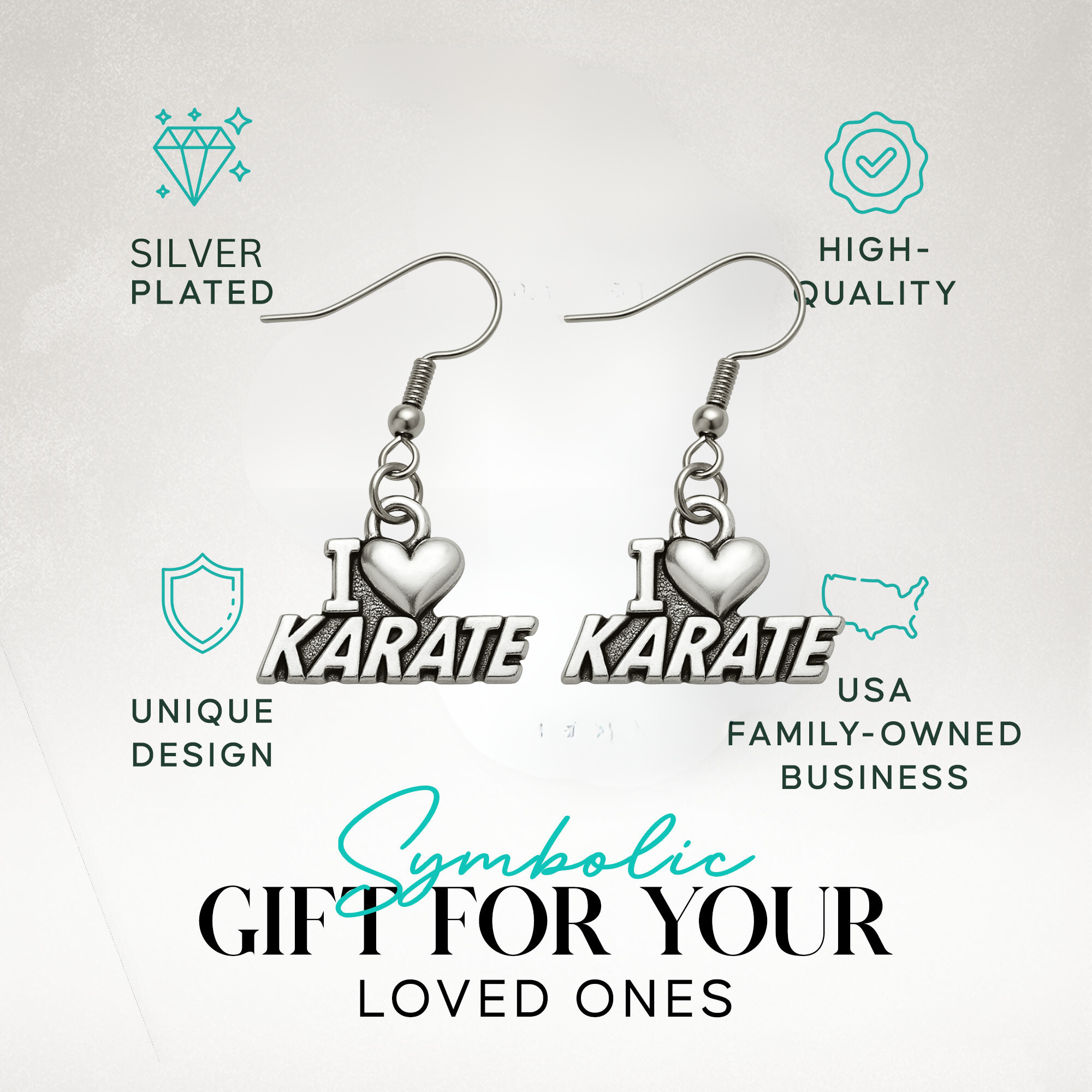Karate-themed earrings displayed in gift-ready packaging with icons for hypoallergenic and durable design