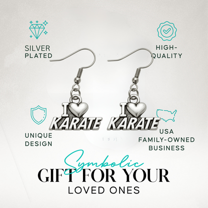 Karate-themed earrings displayed in gift-ready packaging with icons for hypoallergenic and durable design