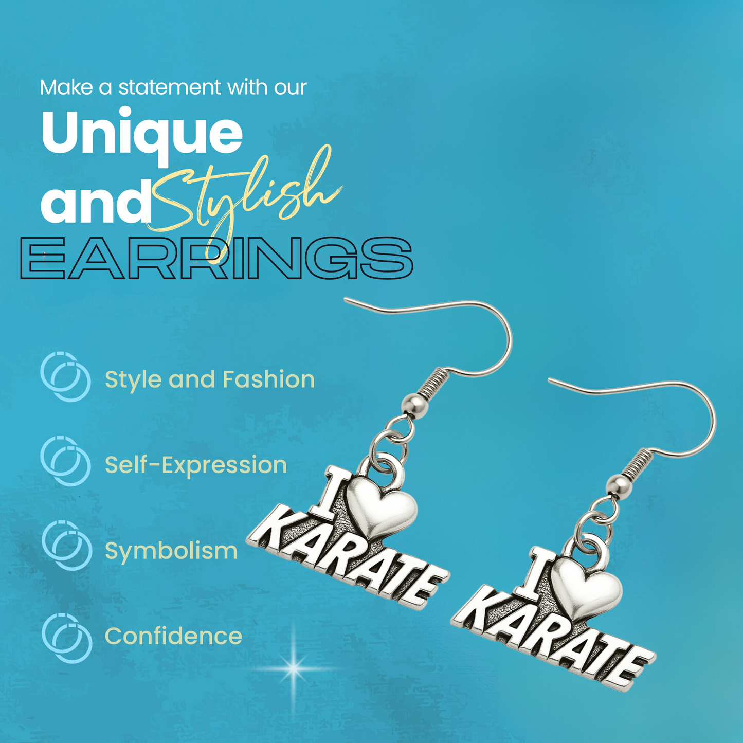 Product feature image of karate earrings on a blue background highlighting stylish and unique qualities