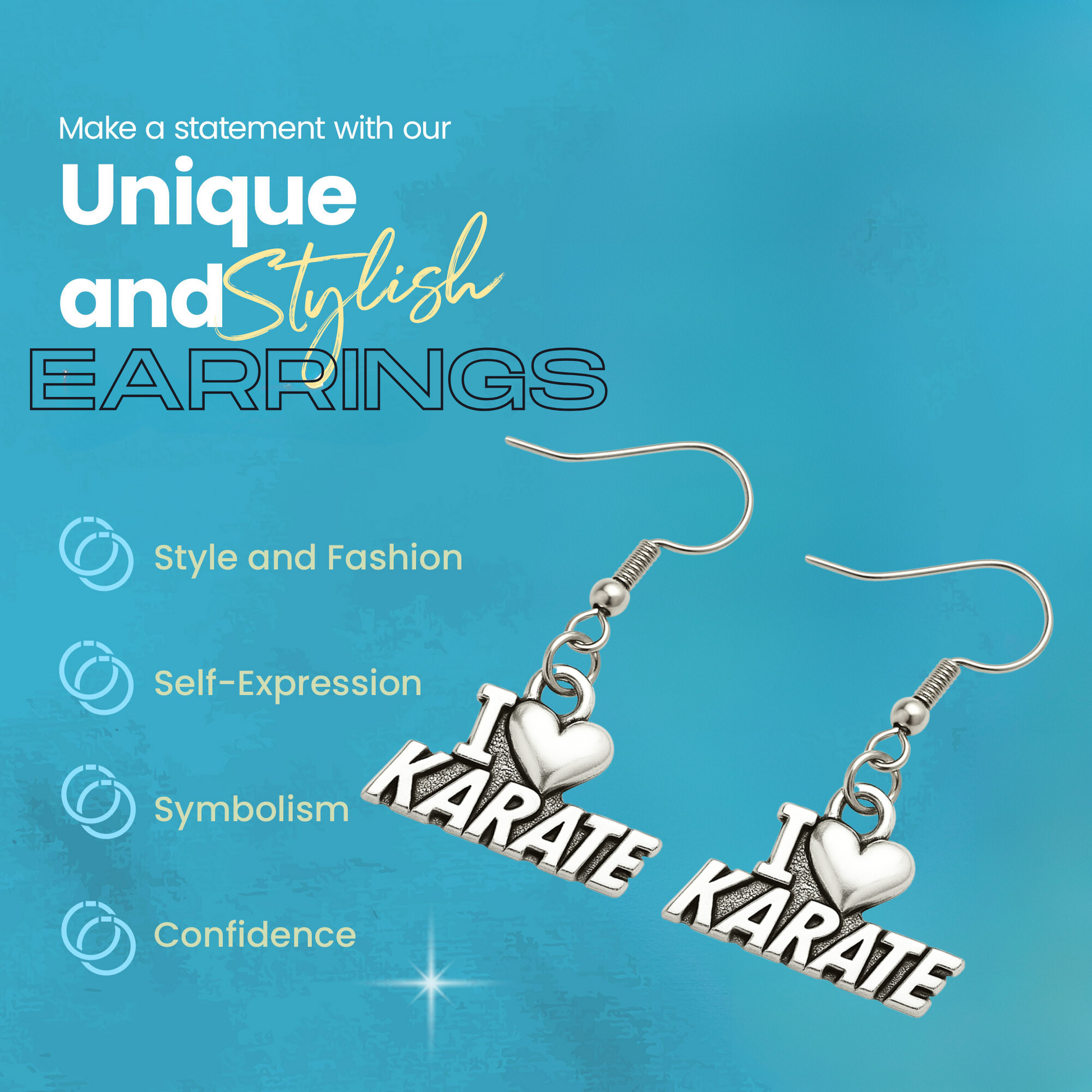 Product feature image of karate earrings on a blue background highlighting stylish and unique qualities