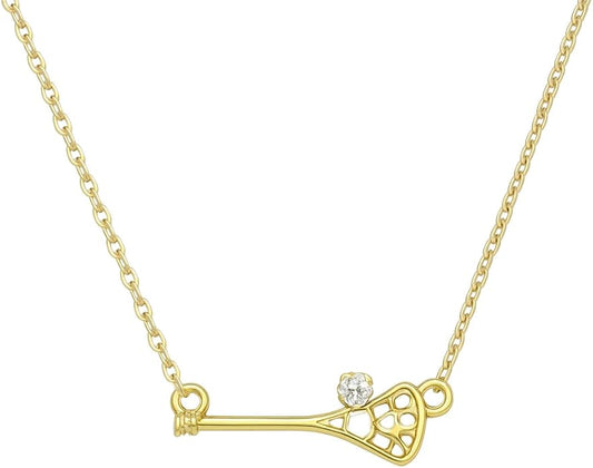 Lacrosse stick pendant necklace with CZ ball on a gold chain, perfect girls lacrosse gift and jewelry.