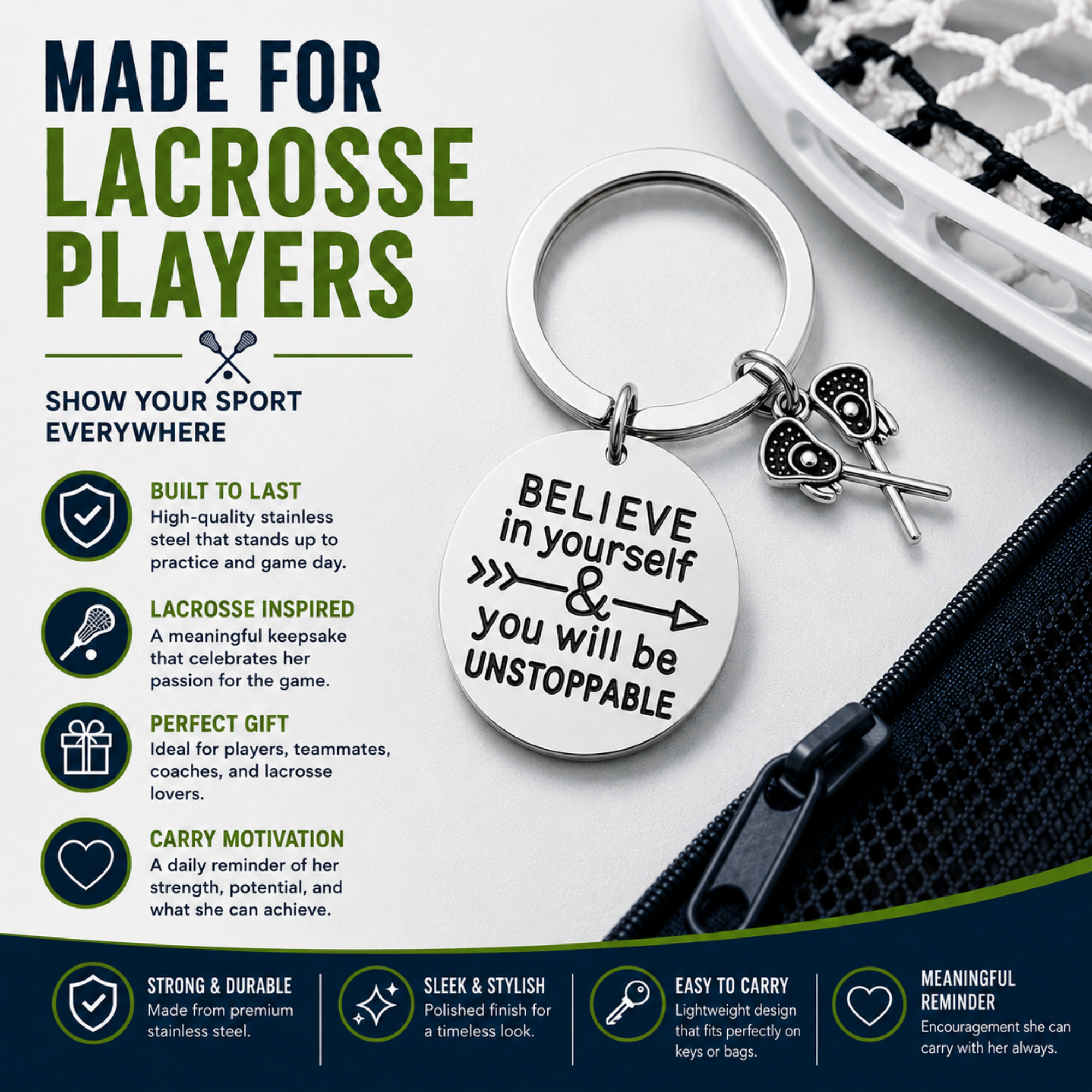 Lacrosse Keychain with Inspirational Charms