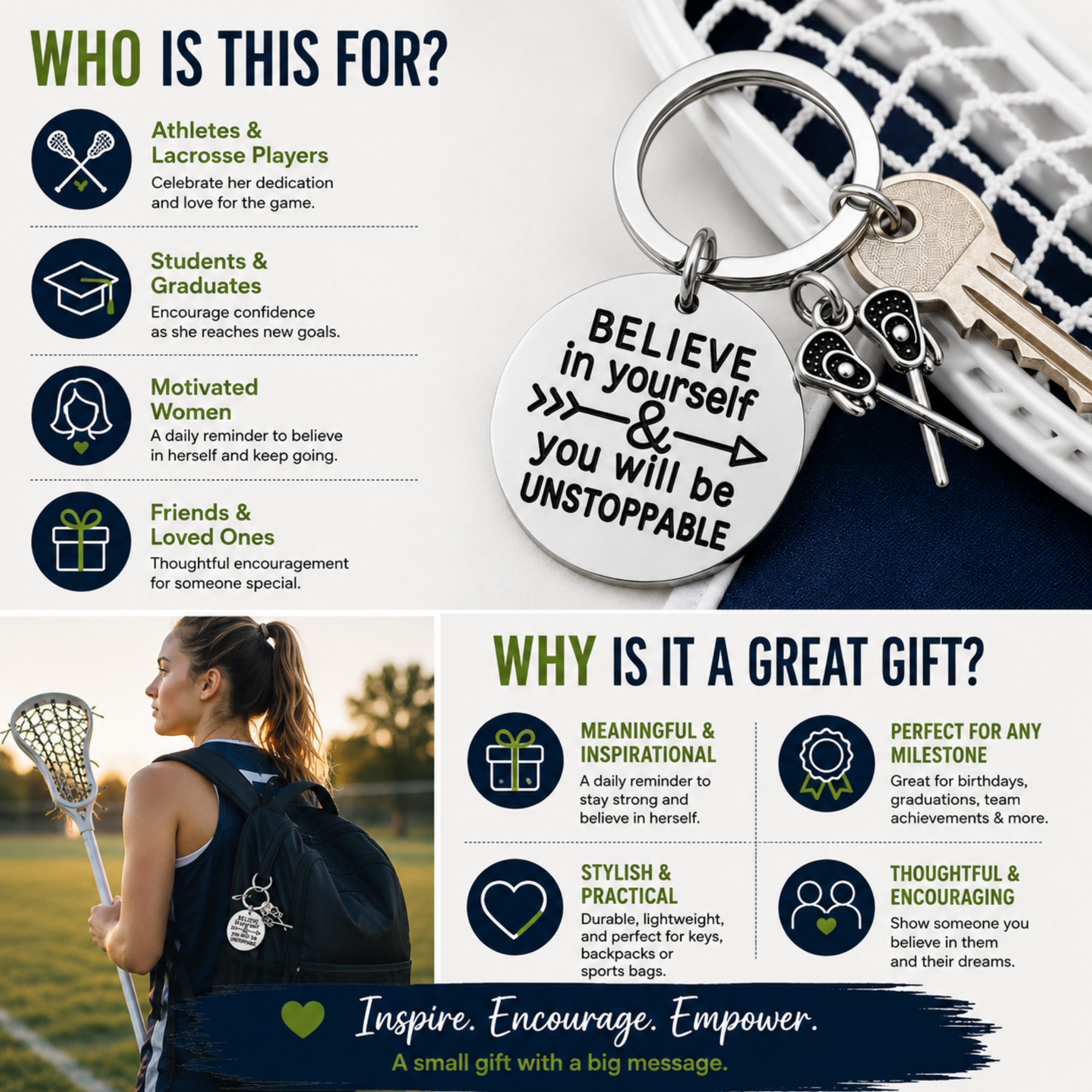 Lacrosse Keychain with Inspirational Charms