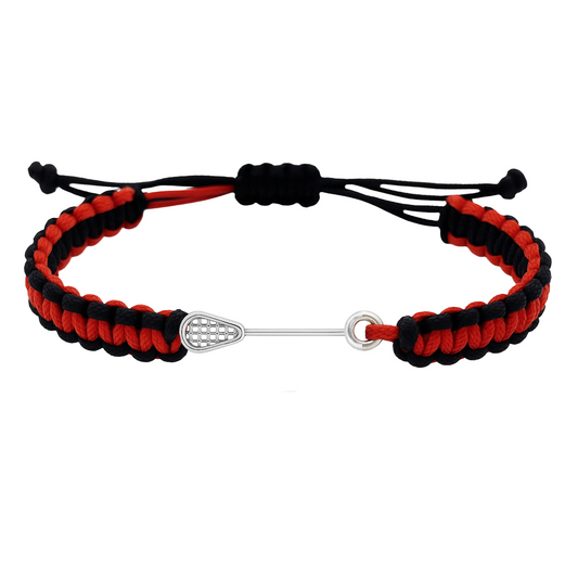 Adjustable red and black lacrosse rope bracelet with stainless steel lacrosse charm.