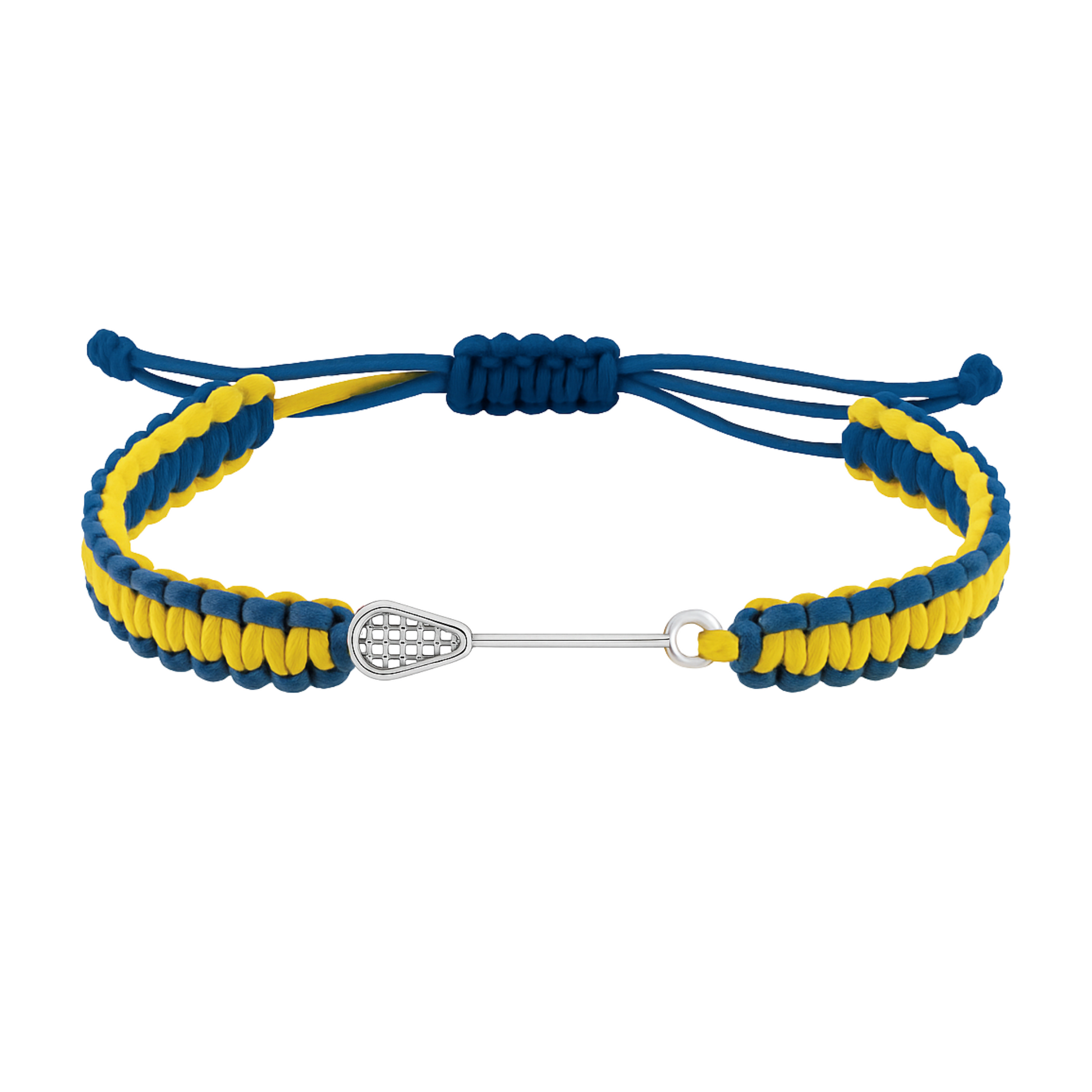 blue and yellow lacrosse bracelet with waterproof cord and stainless steel charm, great team gift