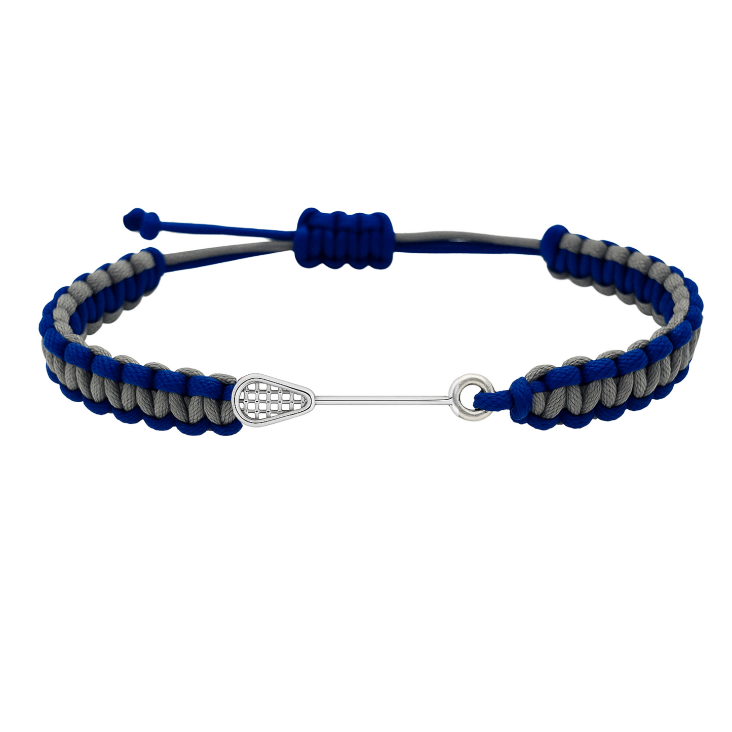 Blue and gray waterproof lacrosse bracelet with stainless steel charm, adjustable for all sizes.