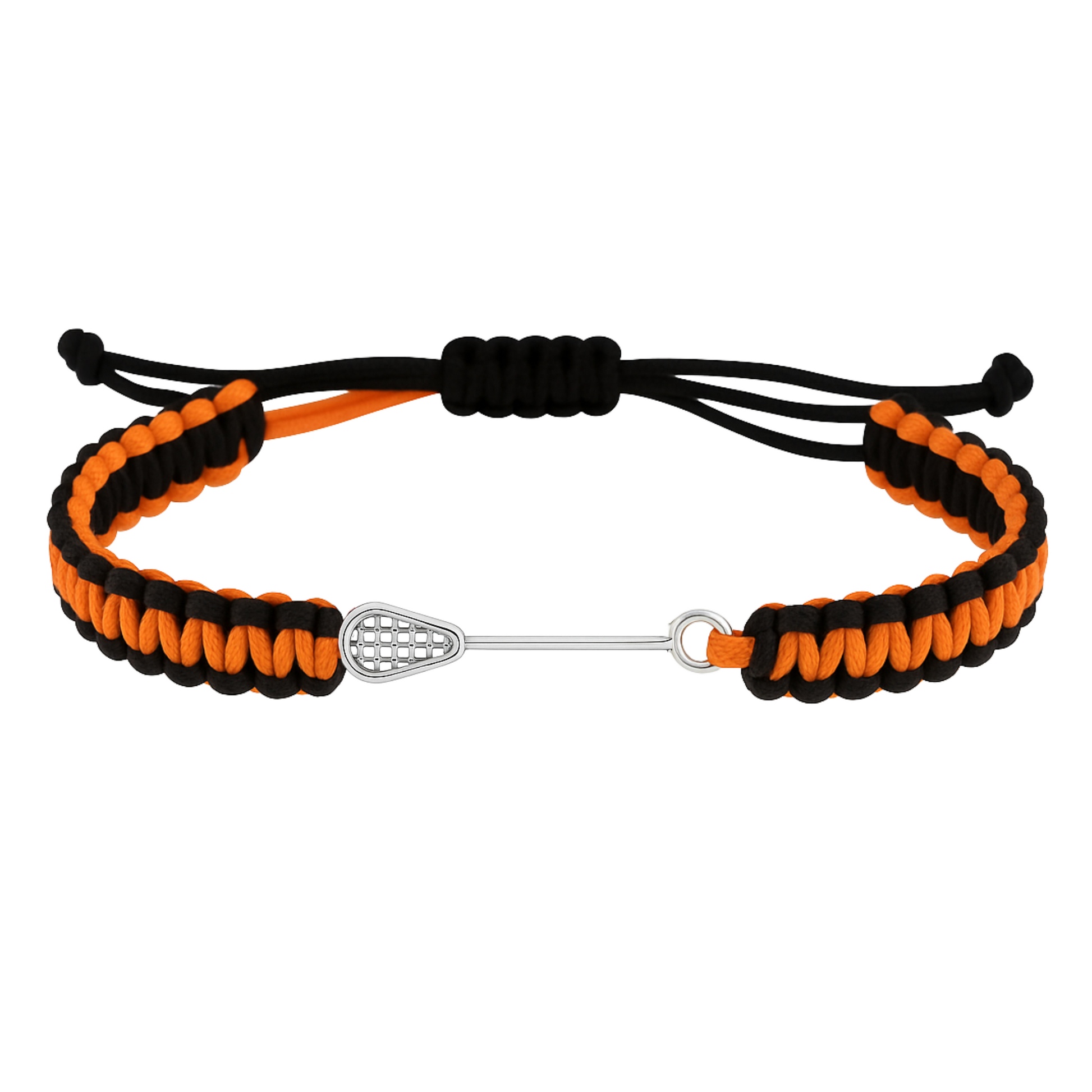 Orange and black adjustable lacrosse bracelet with stainless steel charm, perfect team accessory.