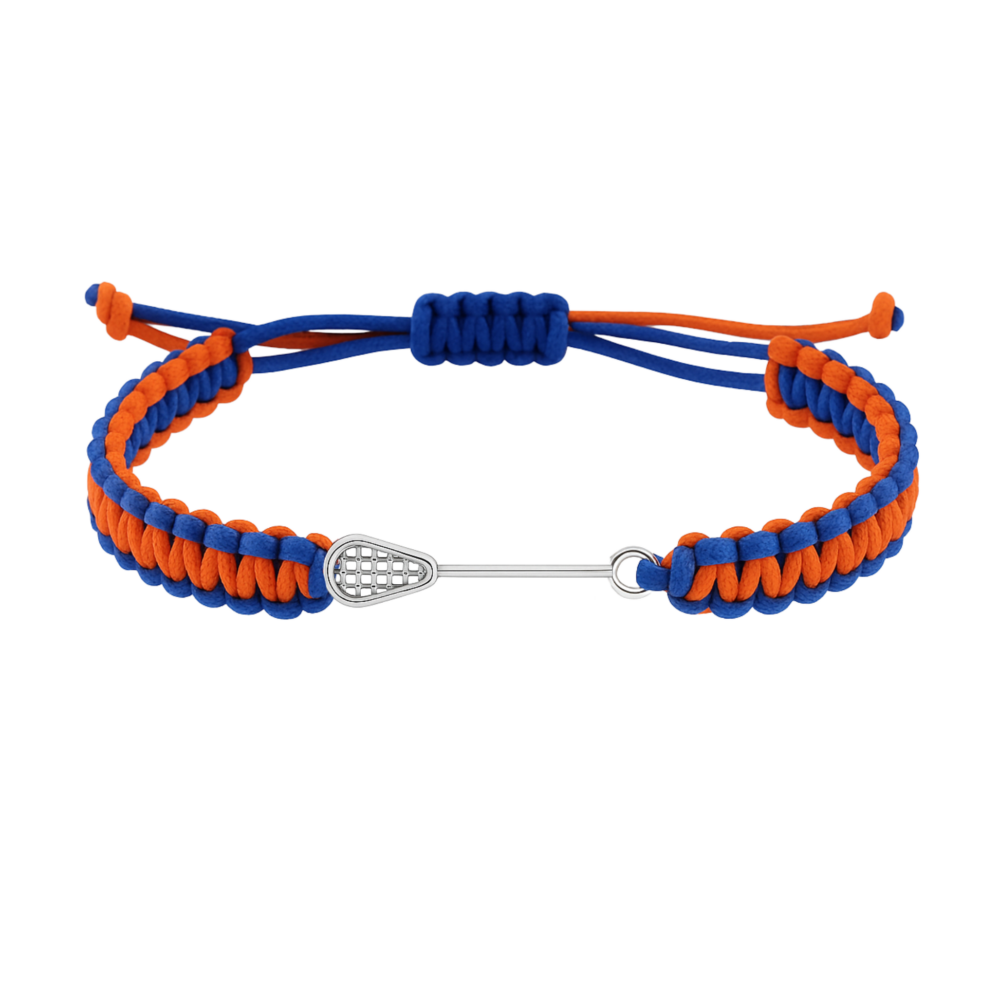 Orange and blue braided lacrosse rope bracelet featuring a silver lacrosse charm, unisex design.