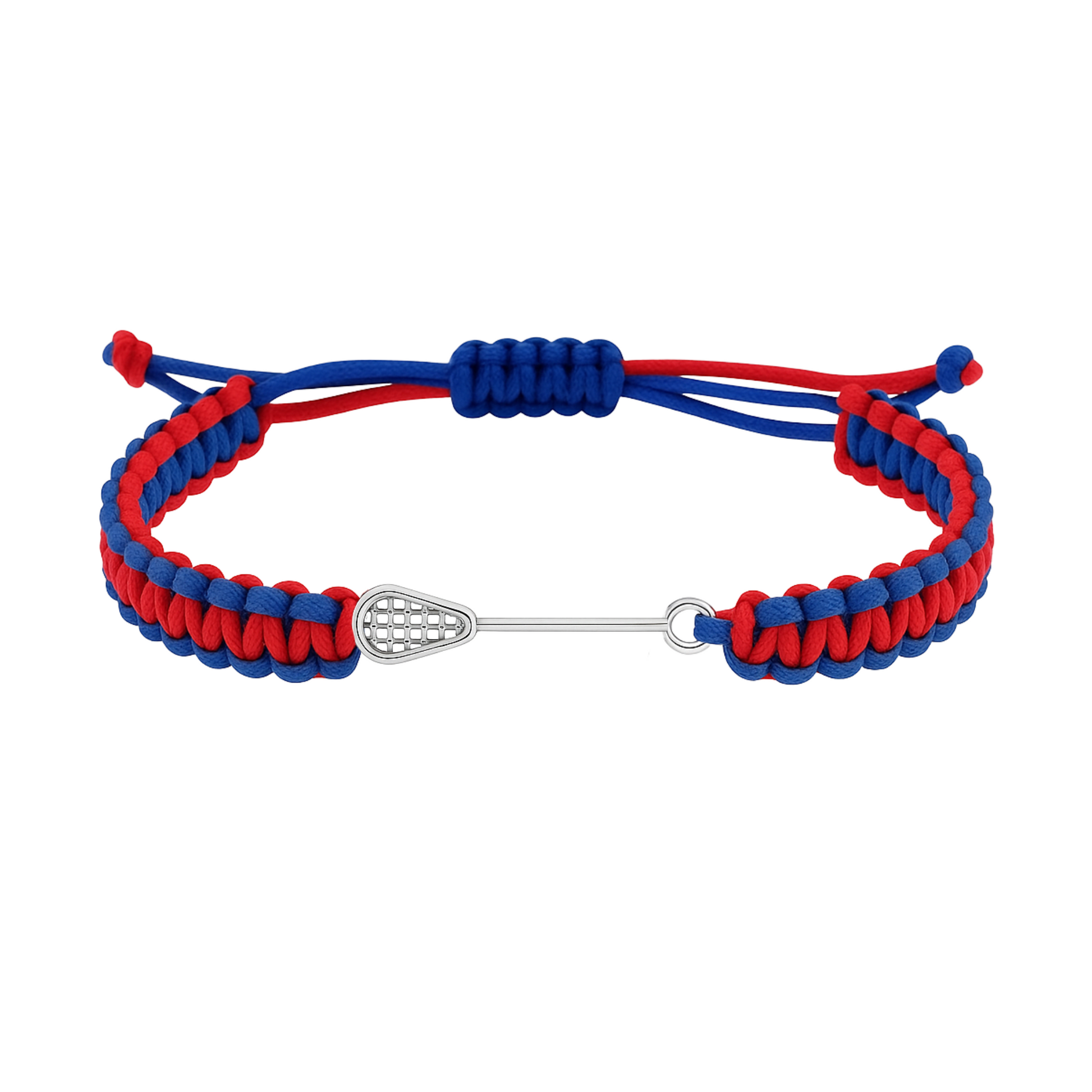 Dual-color red and blue lacrosse rope bracelet with slip knot closure and metal lacrosse charm