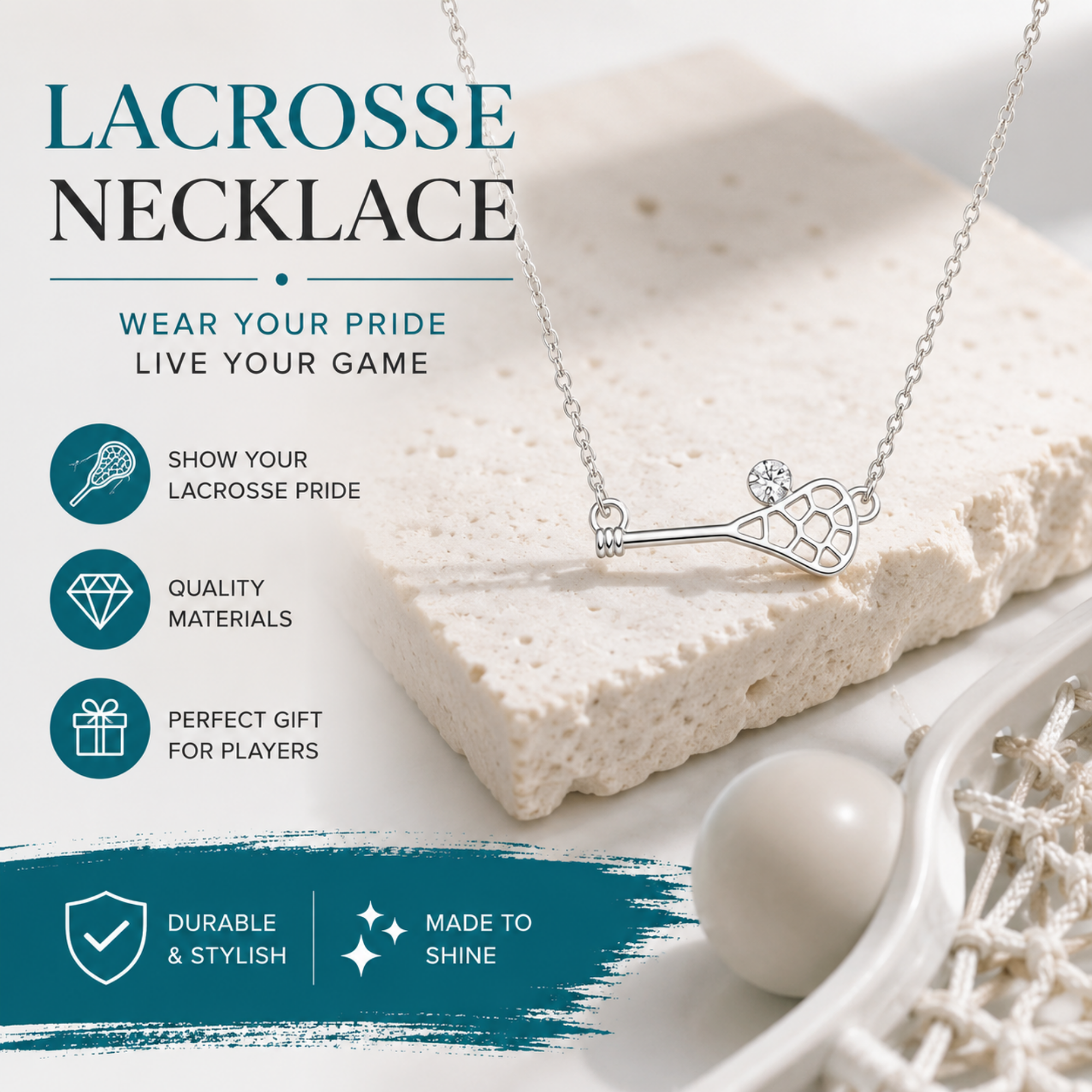 Lacrosse Stick Pendant Necklace with Sparkling CZ Ball