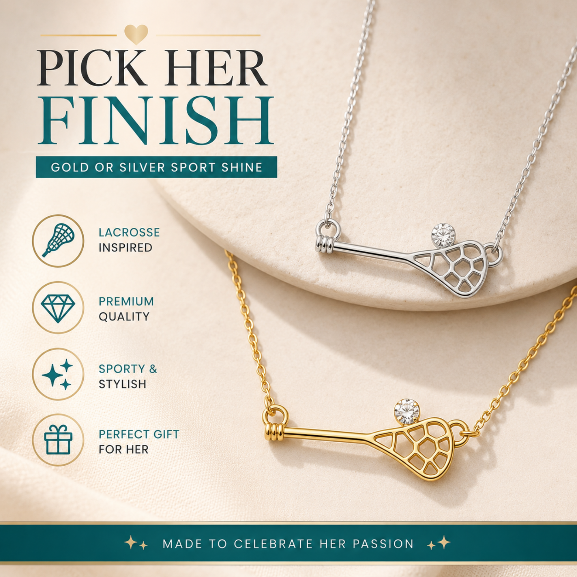Lacrosse Stick Pendant Necklace with Sparkling CZ Ball