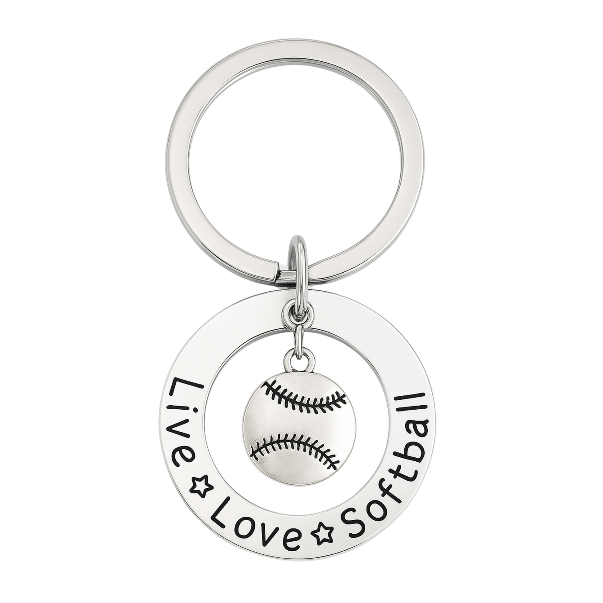 Live Love Softball keychain with silver-tone round charm and engraved softball design, perfect gift for players and fans