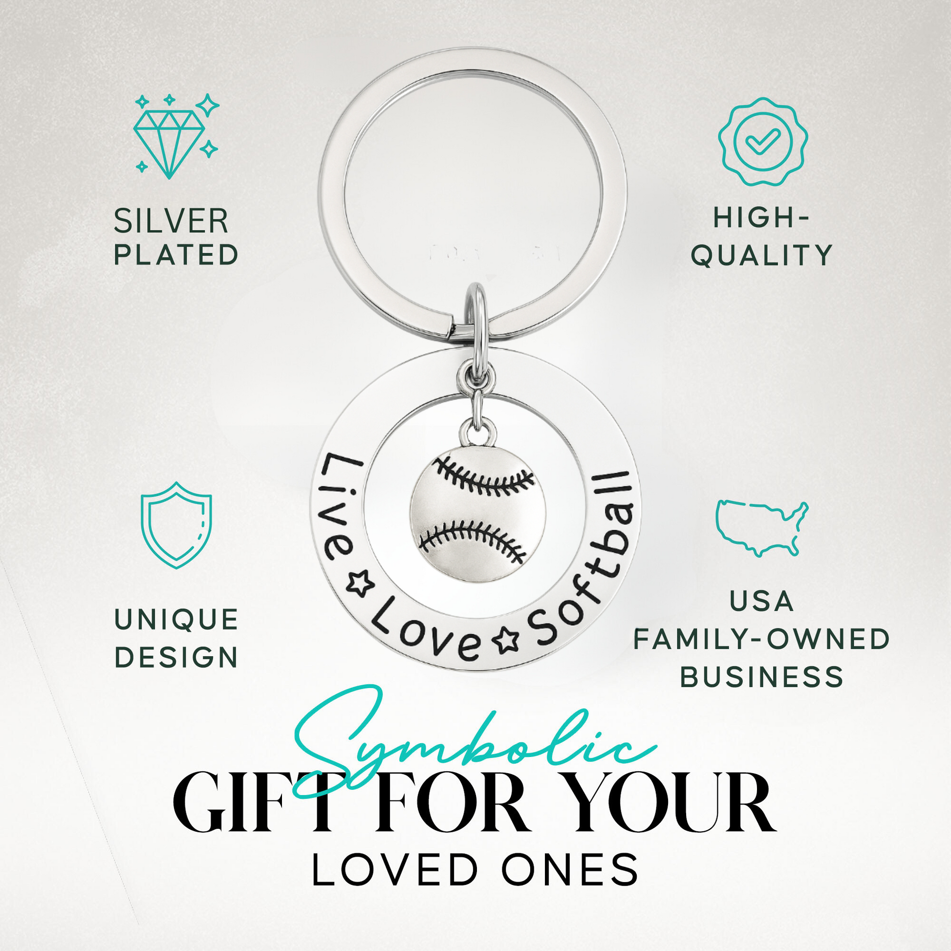 Silver-plated softball keychain with "Live Love Softball" engraving, displayed on branded insert card for gifting