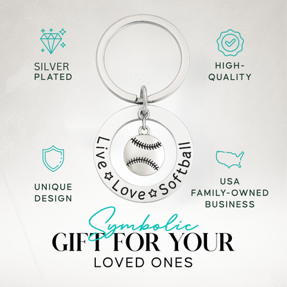 Silver-plated softball keychain with "Live Love Softball" engraving, displayed on branded insert card for gifting