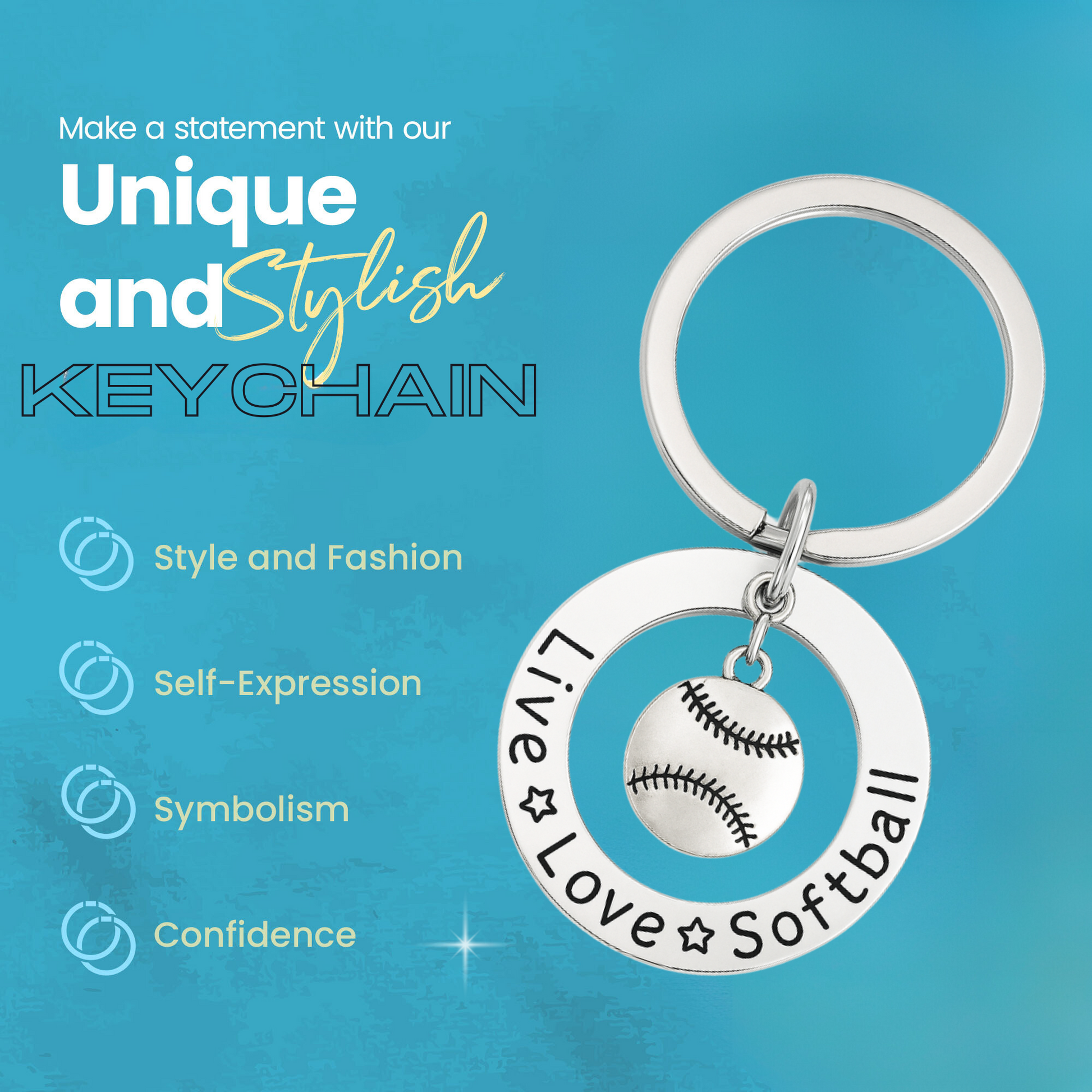 Sportybella Live Love Softball keychain with engraved disc in velvet gift pouch, ready for team gifts or birthdays