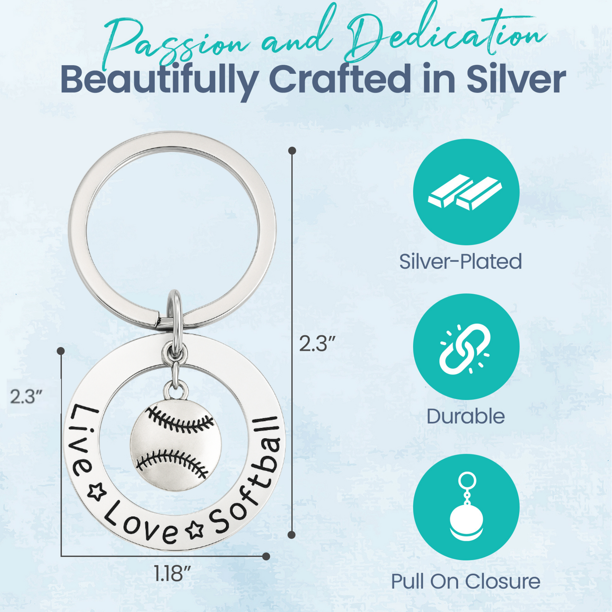 Stainless steel softball keychain with engraved quote, lightweight and durable design for everyday use