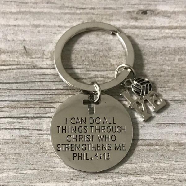Inspirational volleyball keychain with LOVE charm and scripture quote for Christian volleyball fans and teammates.