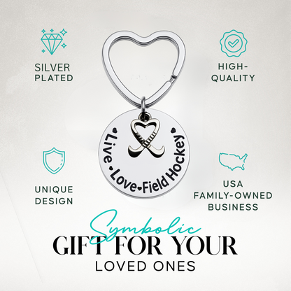 Live Love Field Hockey keychain in gift-ready packaging with charm and heart ring