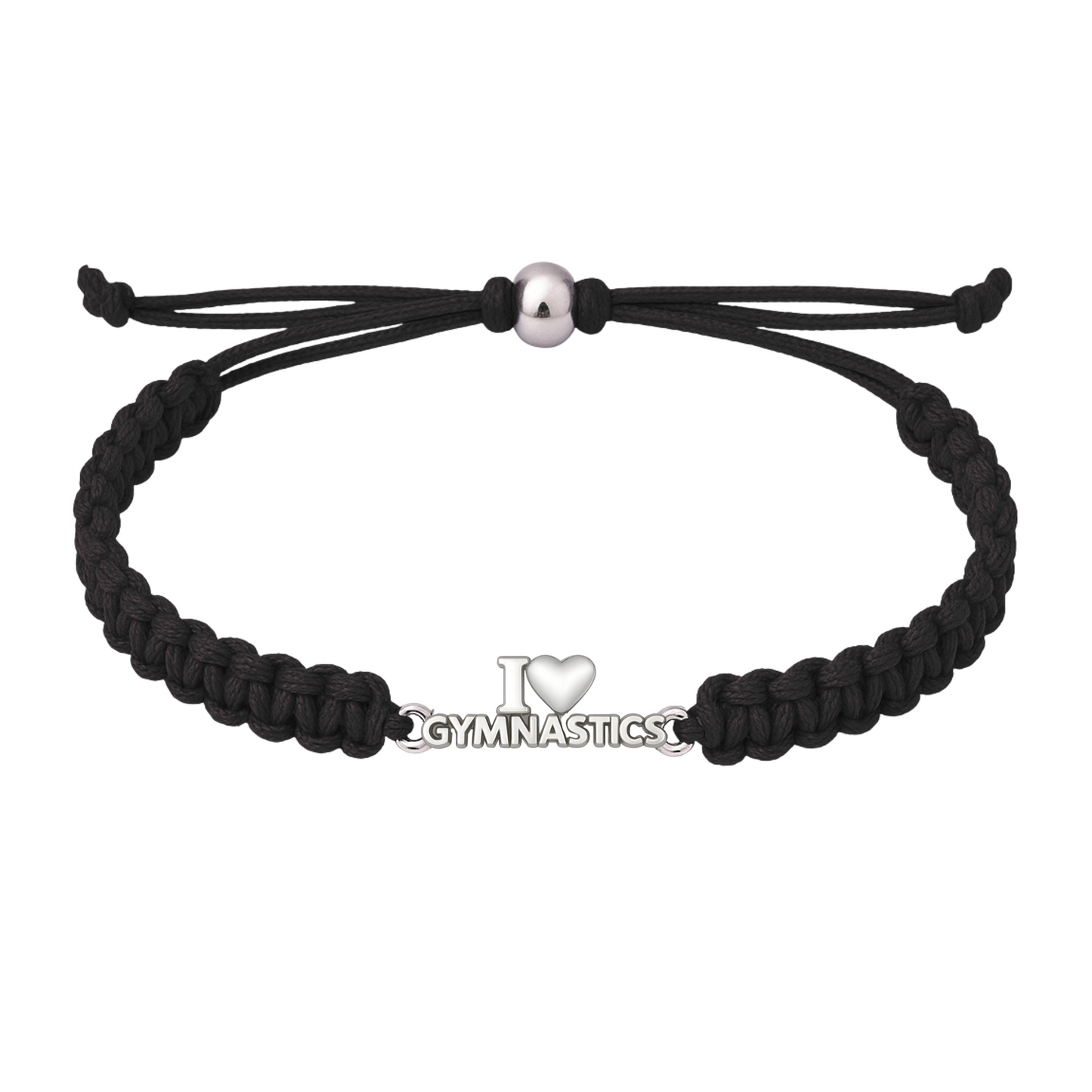 Black adjustable gymnastics bracelet with silver heart charm, unisex fit