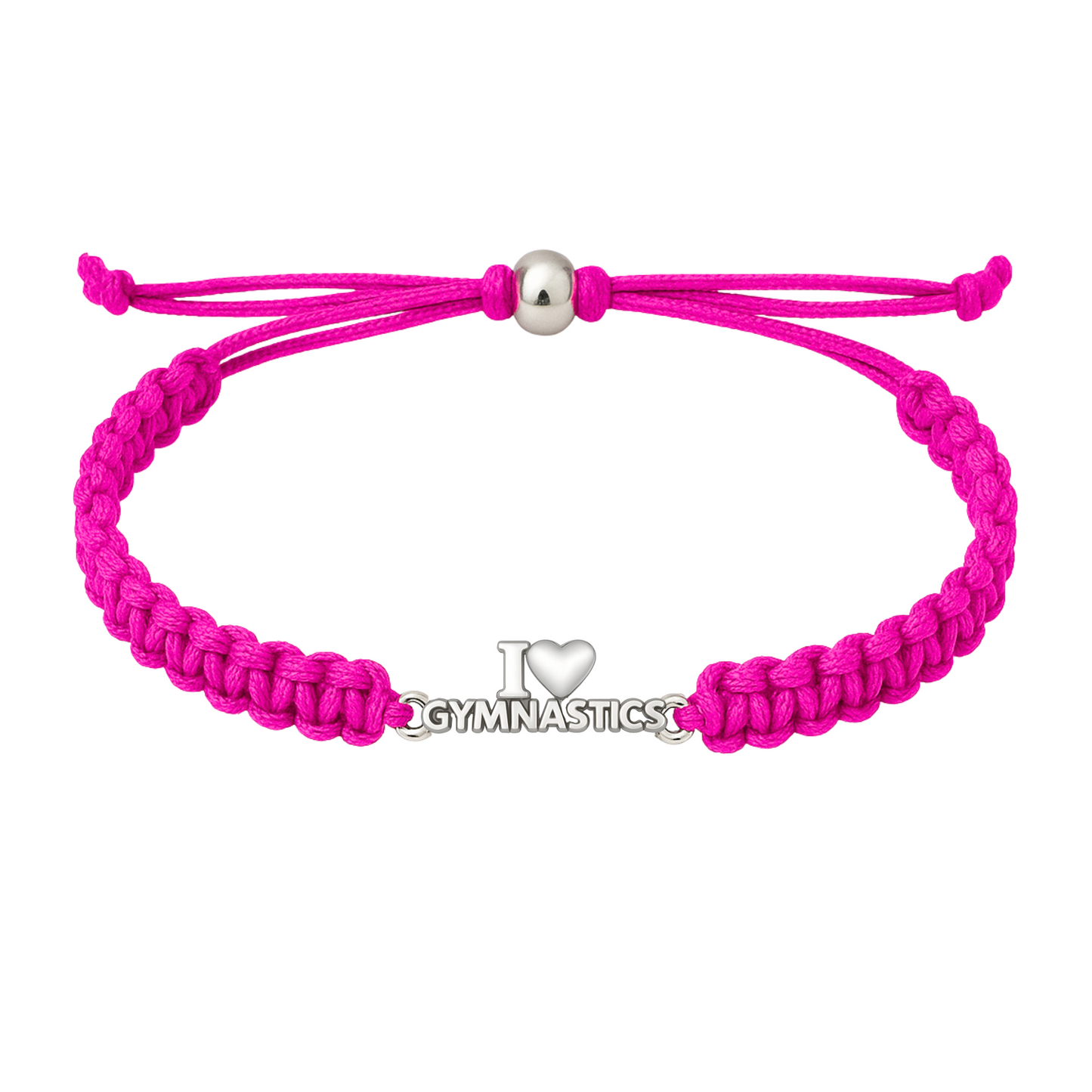 Bright pink gymnastics rope bracelet with silver charm, sporty and vibrant design