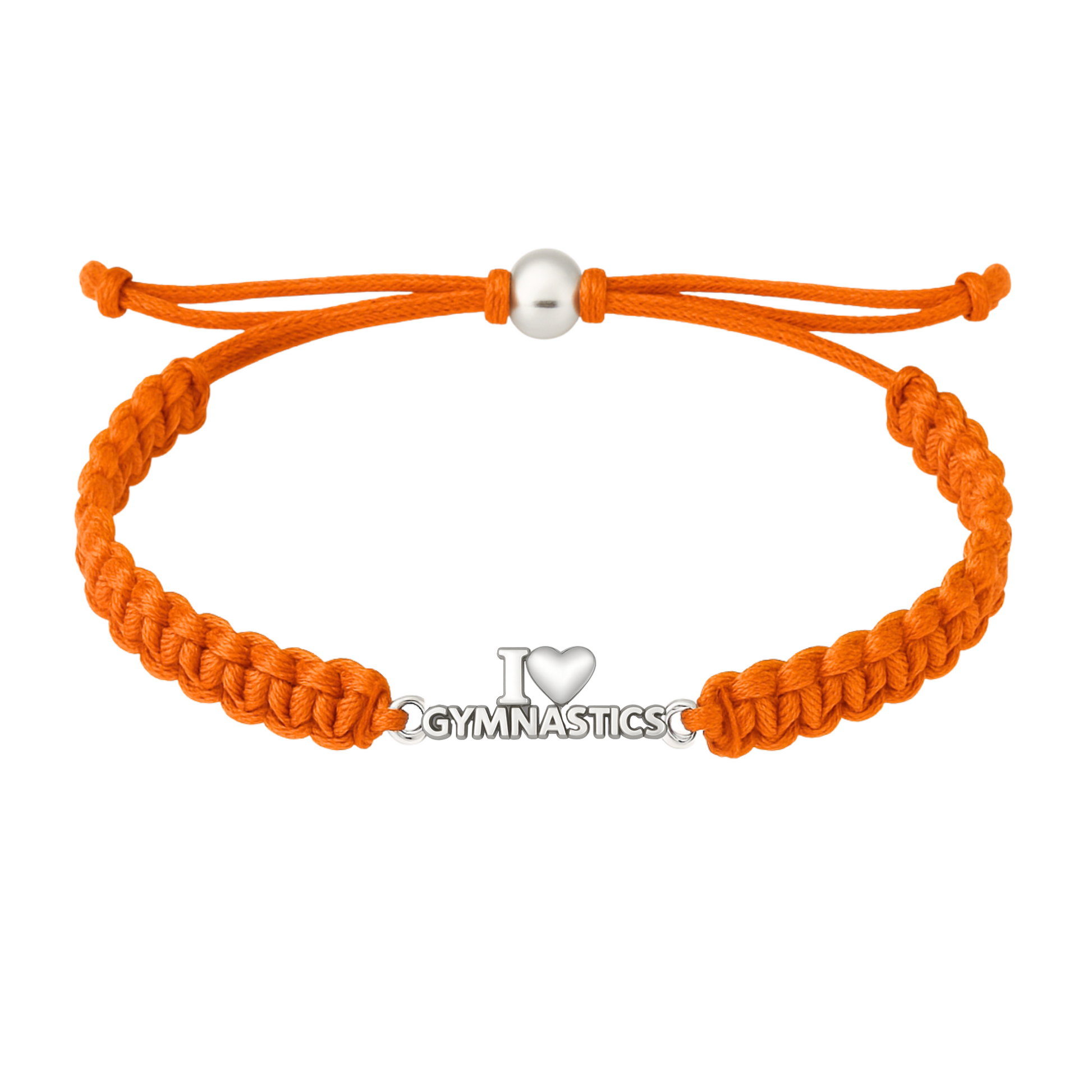 Orange gymnastics rope bracelet with shiny silver "I Love Gymnastics" heart charm