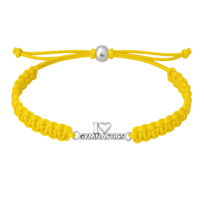 Yellow braided gymnastics bracelet with slip-knot closure and silver charm