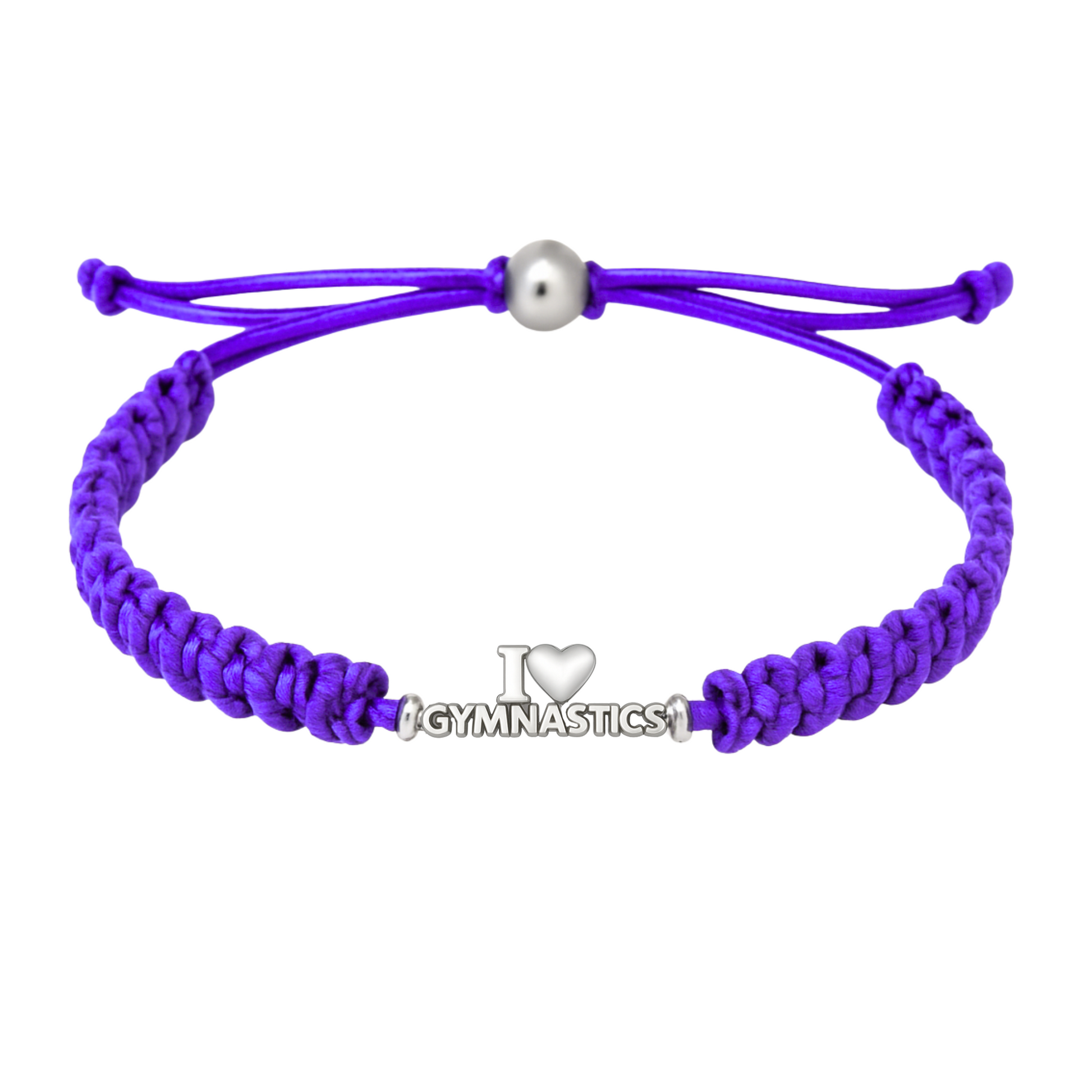 Purple gymnastics bracelet with athletic design and silver heart charm