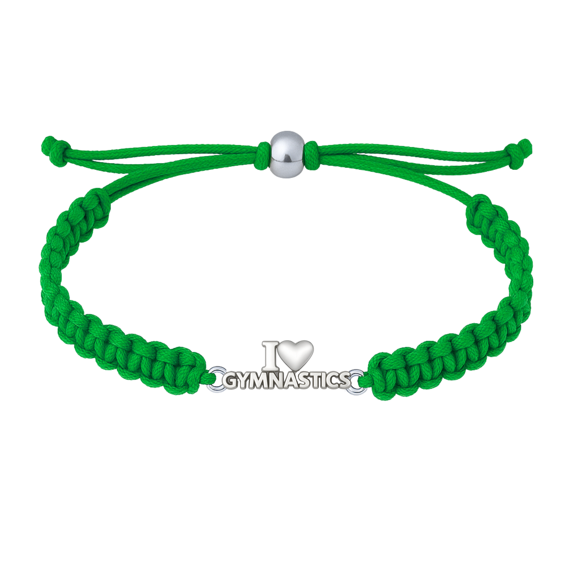 Green gymnastics rope bracelet with polished silver-tone "I ❤️ Gymnastics" charm