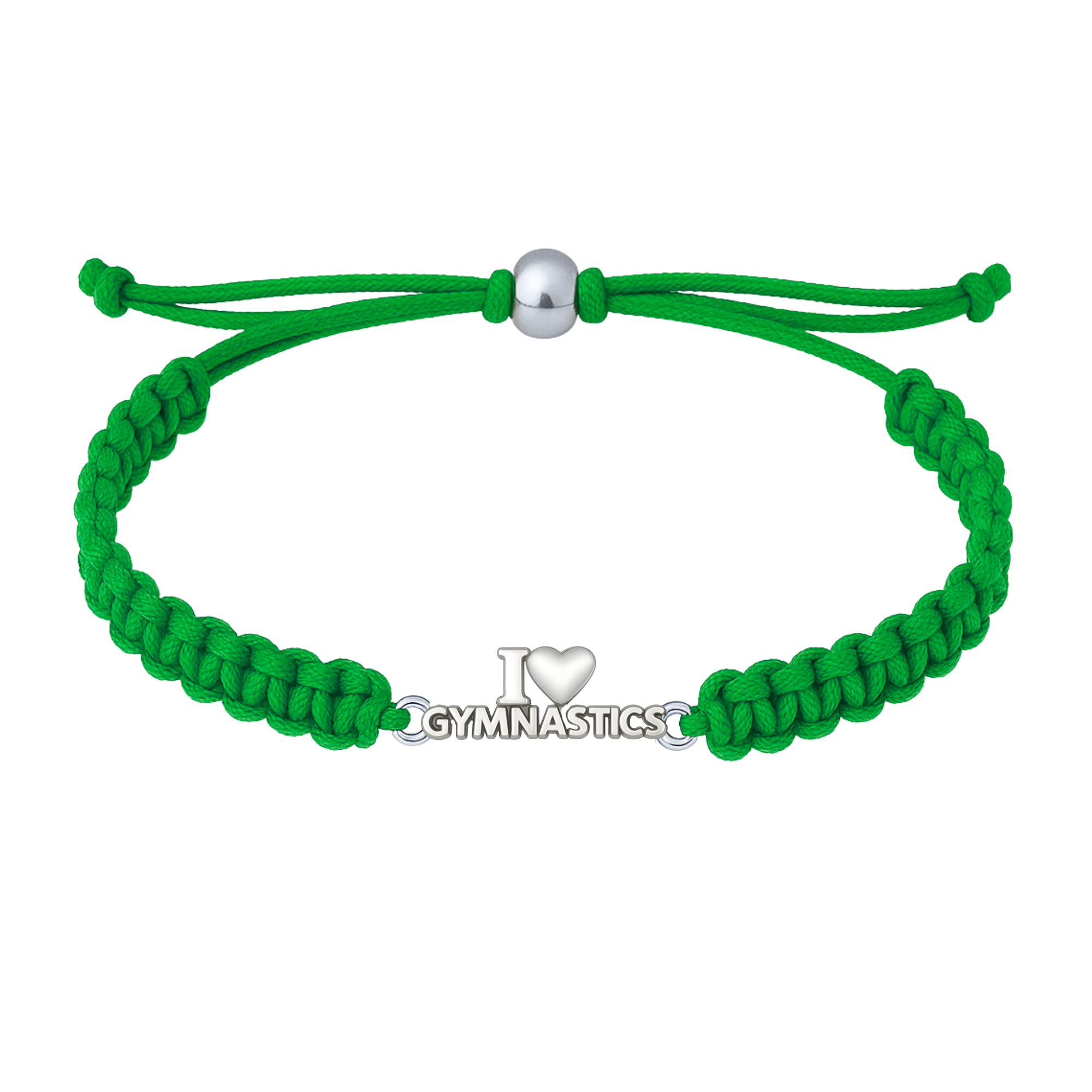 Green gymnastics rope bracelet with polished silver-tone "I ❤️ Gymnastics" charm