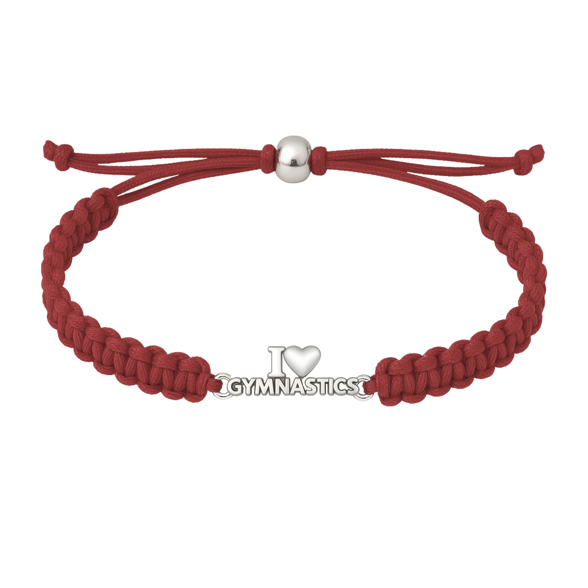 Dark red gymnastics bracelet with adjustable knot and silver heart charm