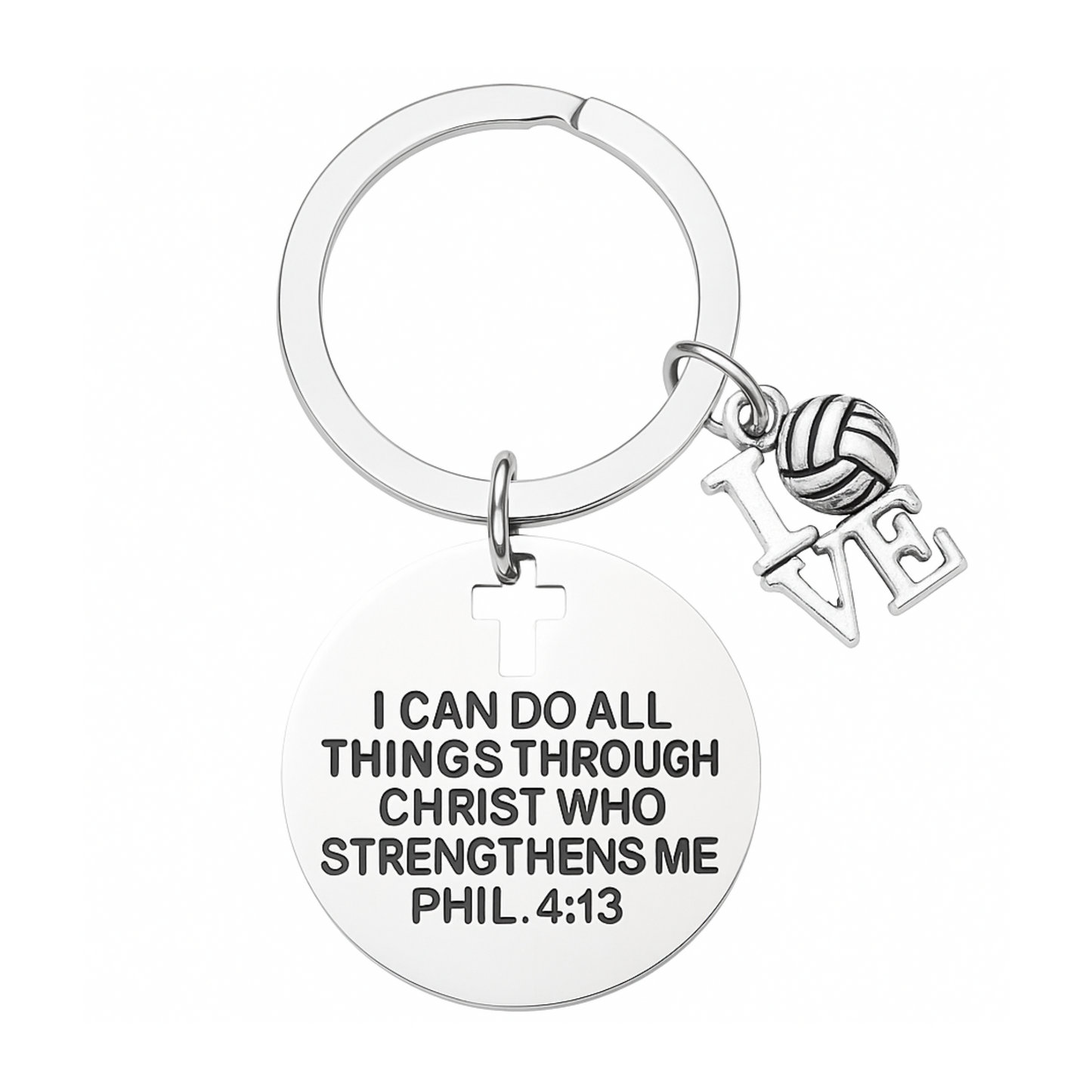 Silver round disc keychain engraved with "I Can Do All Things Through Christ" and volleyball charm for sports girls.