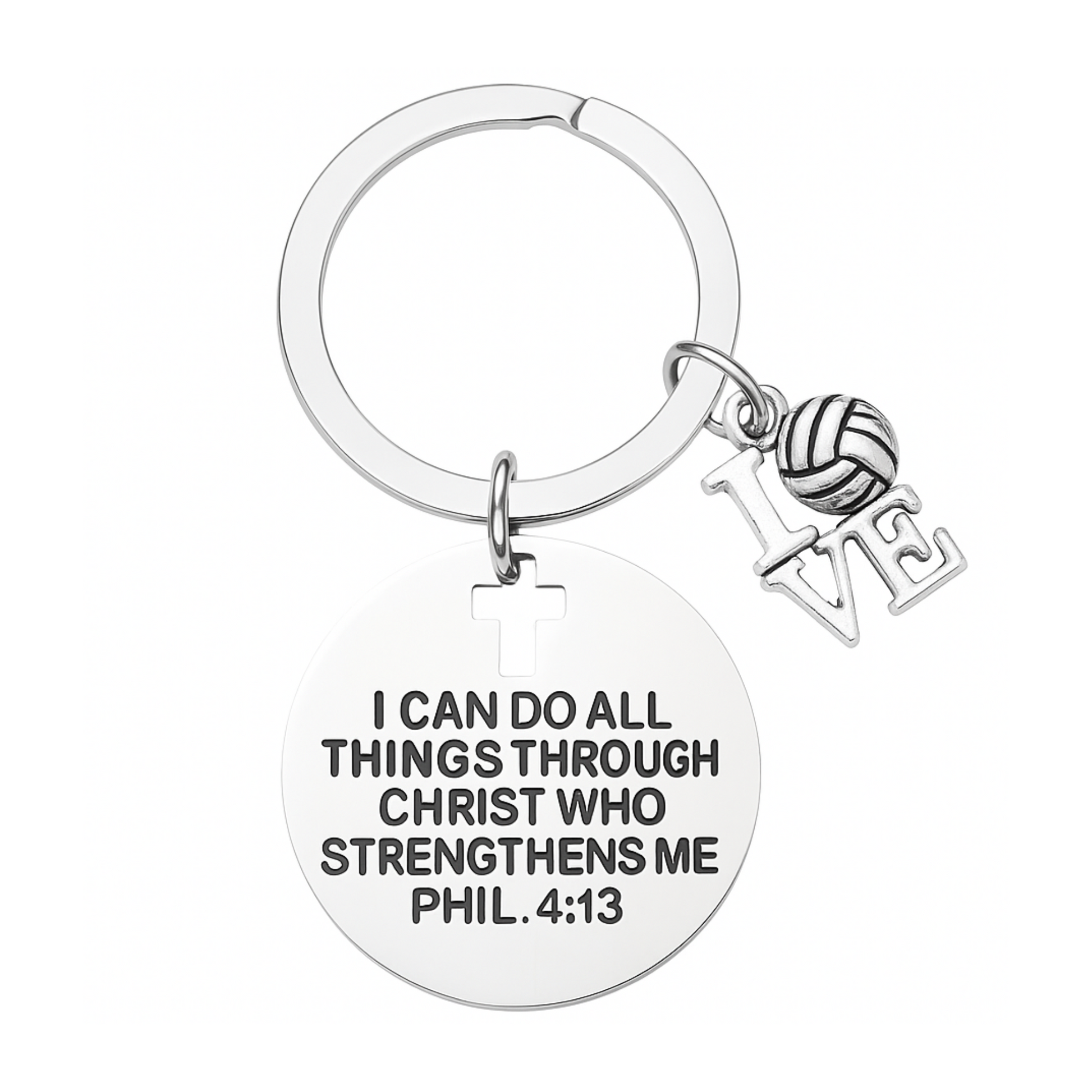 Silver round disc keychain engraved with "I Can Do All Things Through Christ" and volleyball charm for sports girls.