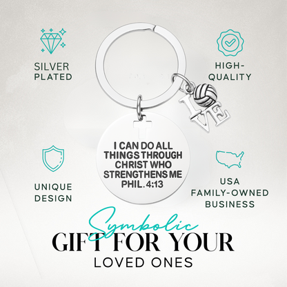 Silver volleyball keyring with motivational scripture and sports charm, ideal religious gift for volleyball players.