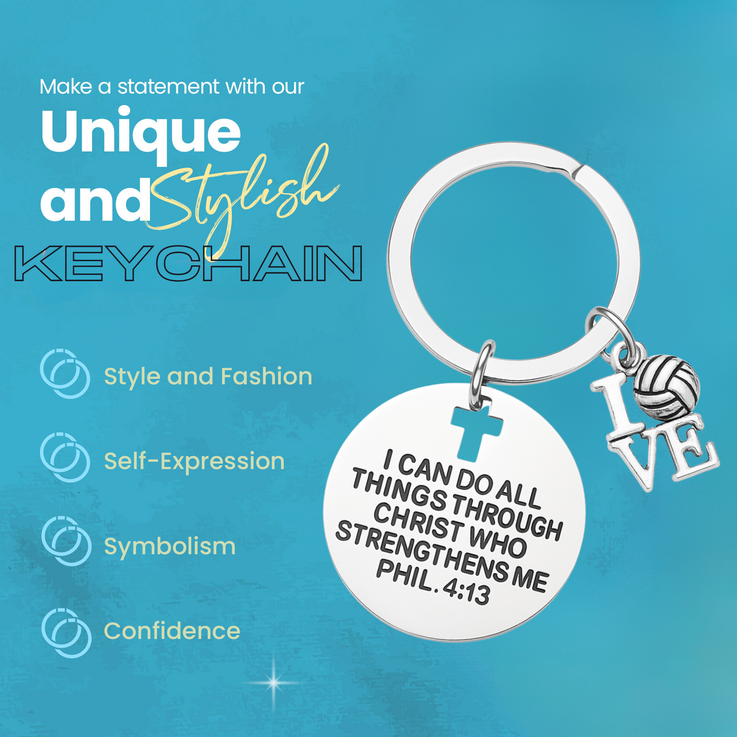 Volleyball keychain with cross-shaped cutout and engraved Christian Bible verse, perfect for girls and women athletes.
