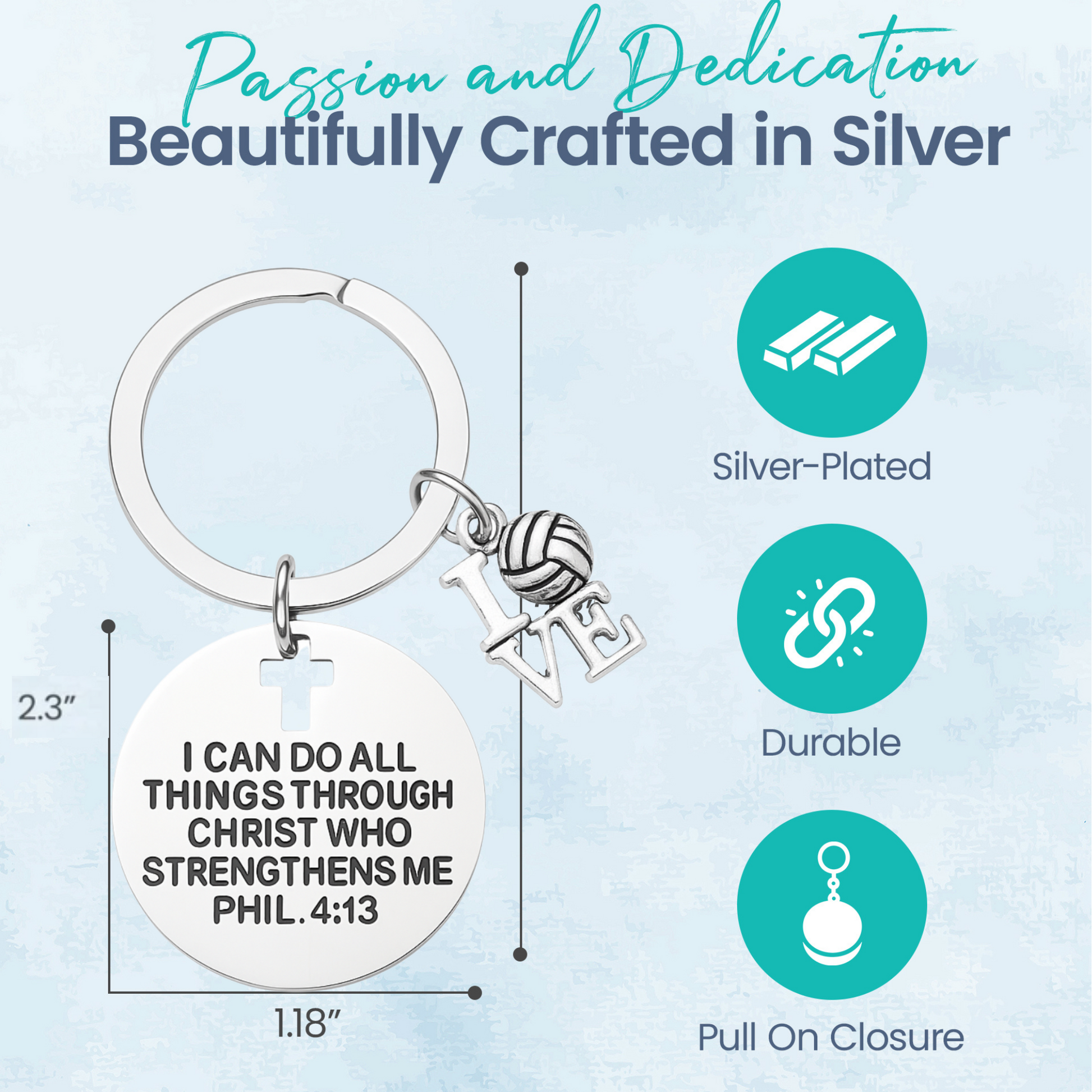 Philippians 4:13 keychain for volleyball players with silver tone LOVE charm and engraved round disc.