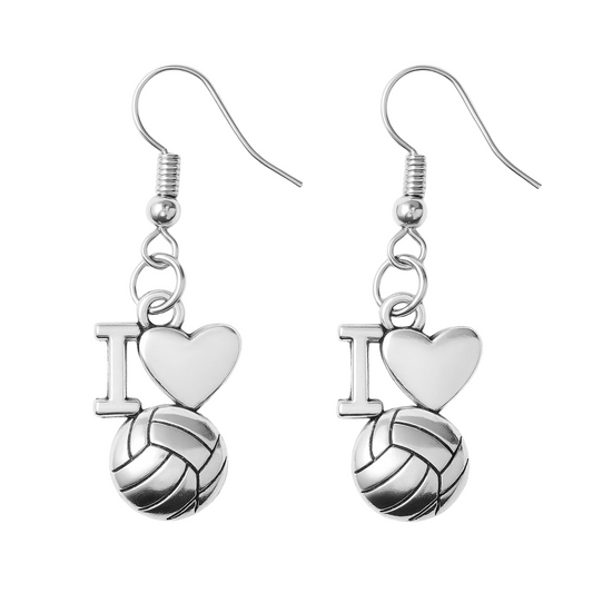 Silver I Love Volleyball dangle earrings with heart and volleyball charms