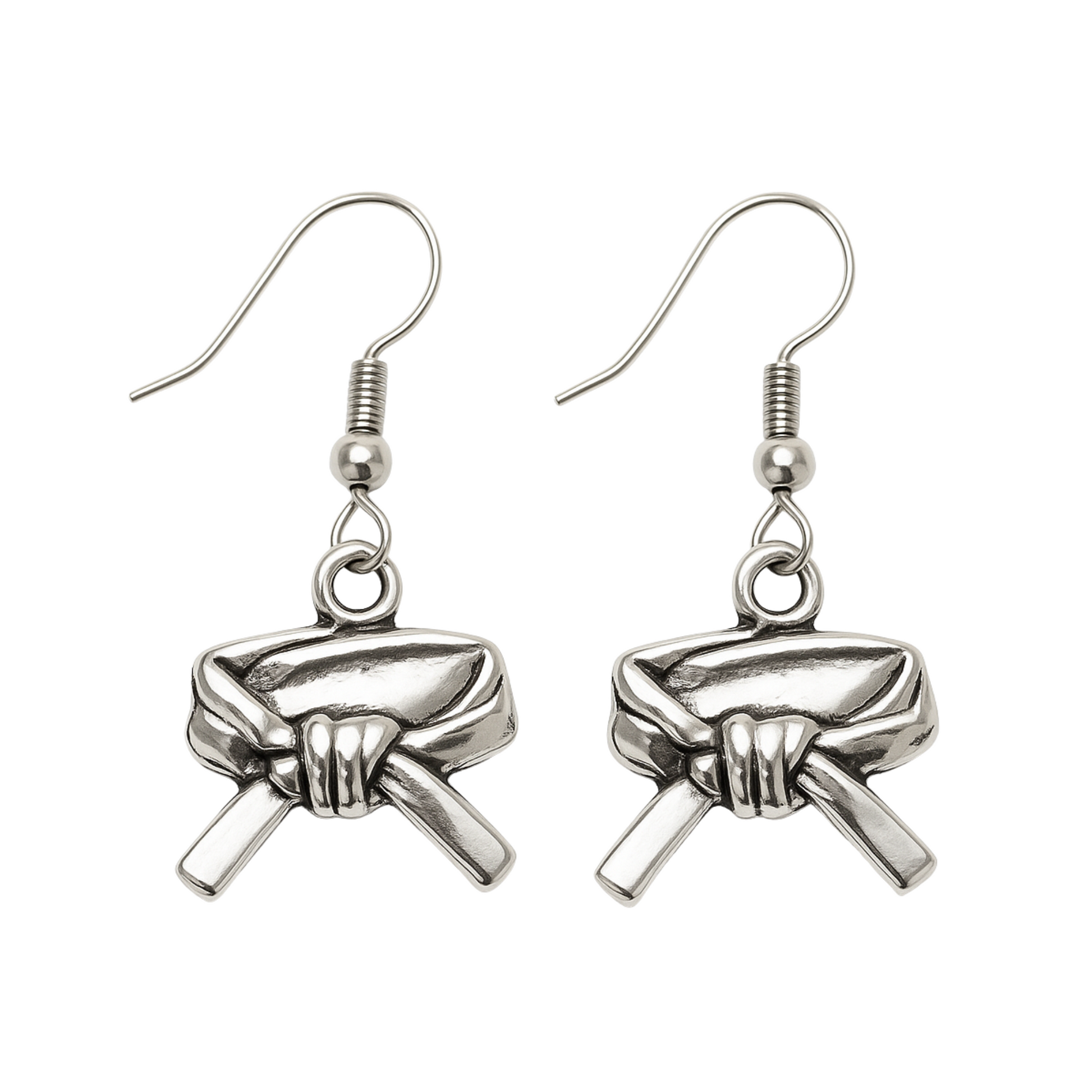 Silver-tone martial arts belt dangle earrings with hypoallergenic stainless steel hooks