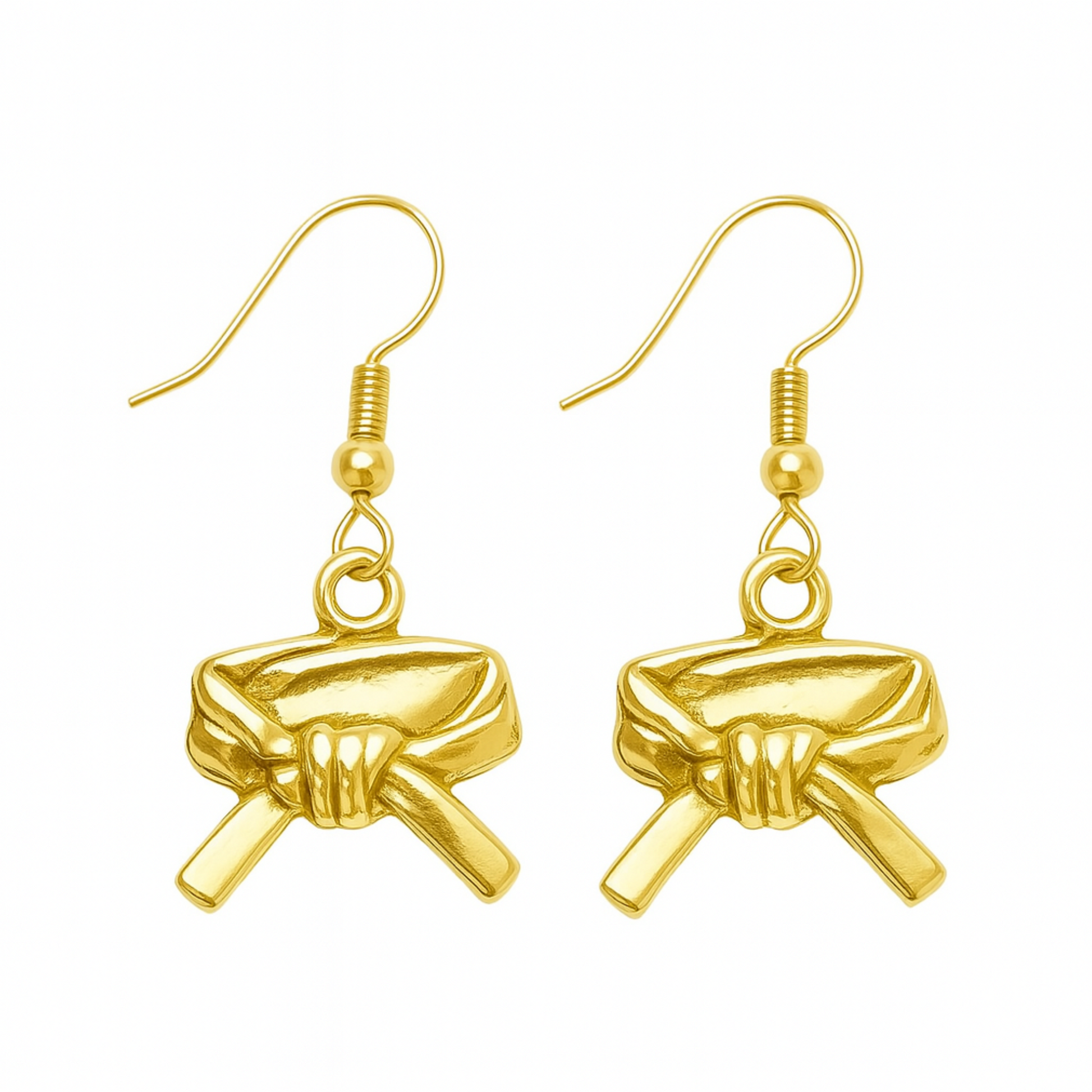 Gold-tone martial arts belt earrings featuring tied belt charm design on gold hooks