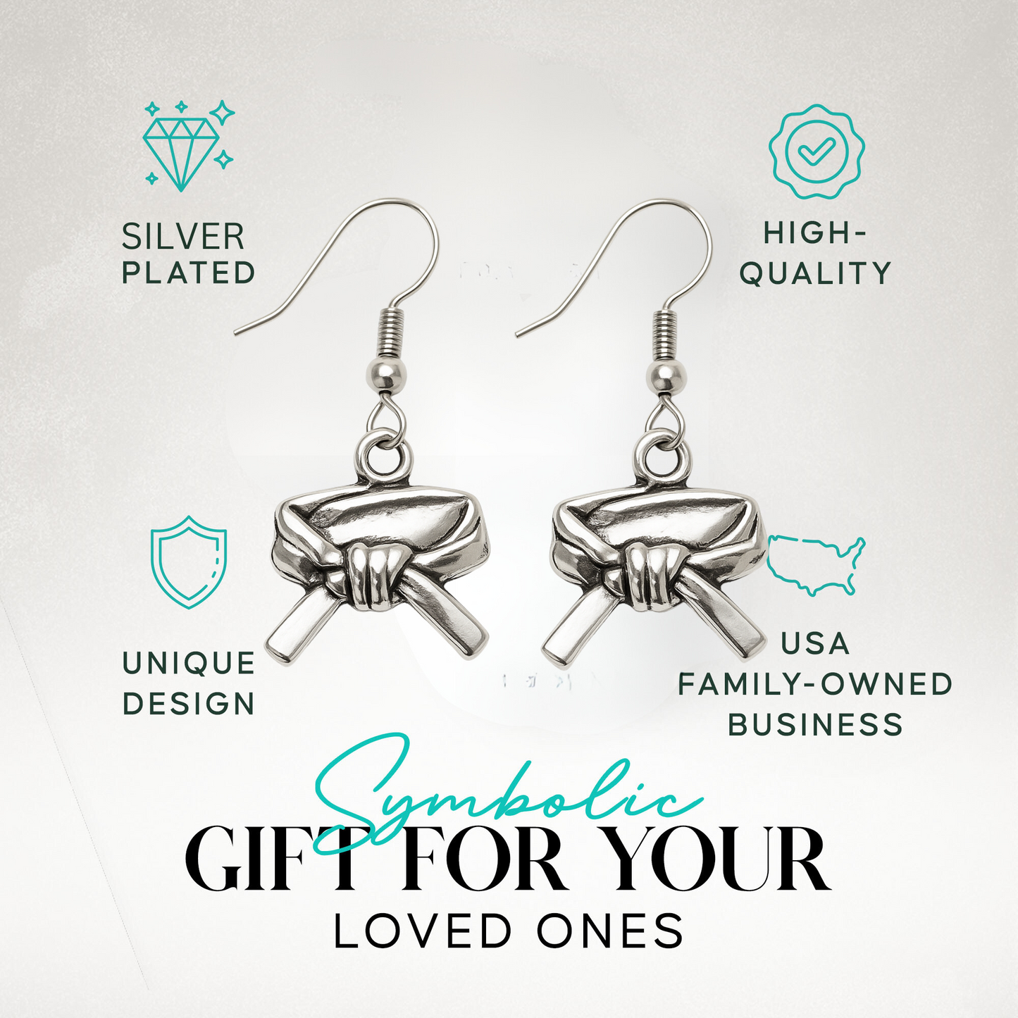 Product features image with silver and gold martial arts earrings, highlighting durability and gift appeal