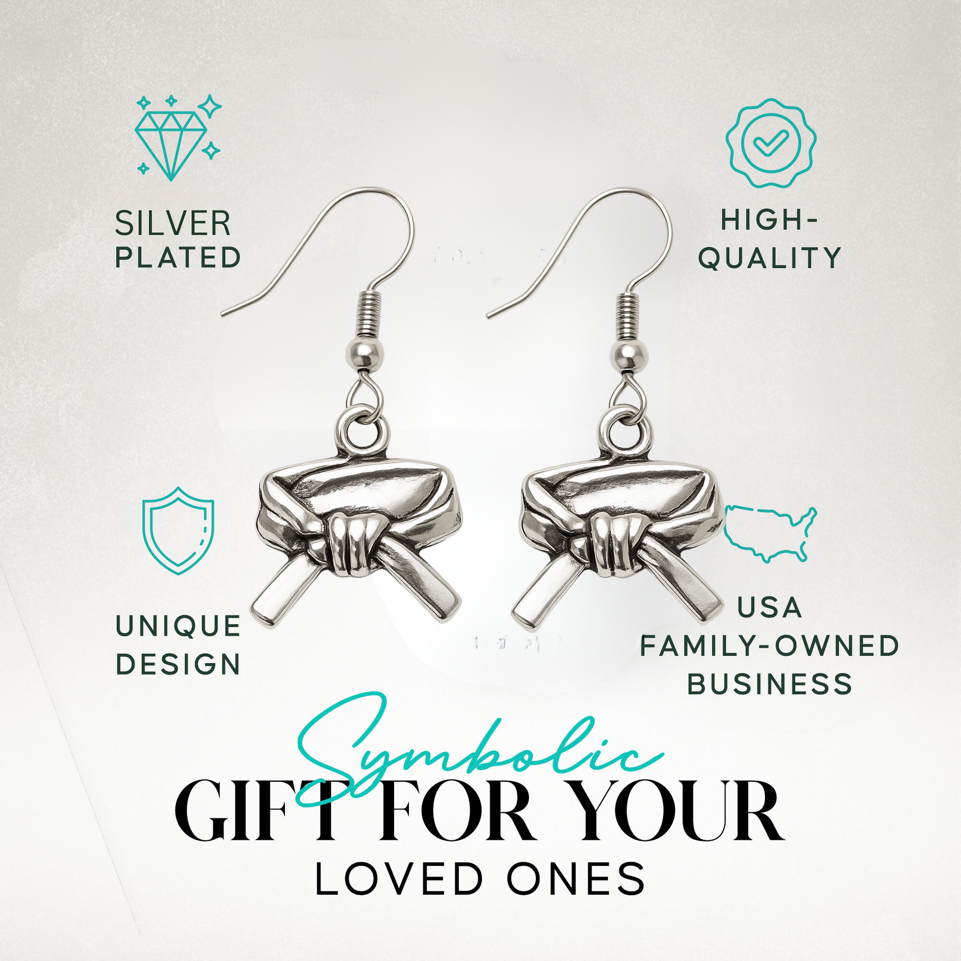 Product features image with silver and gold martial arts earrings, highlighting durability and gift appeal