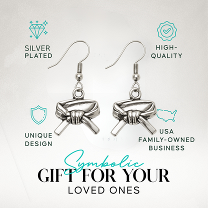 Product features image with silver and gold martial arts earrings, highlighting durability and gift appeal