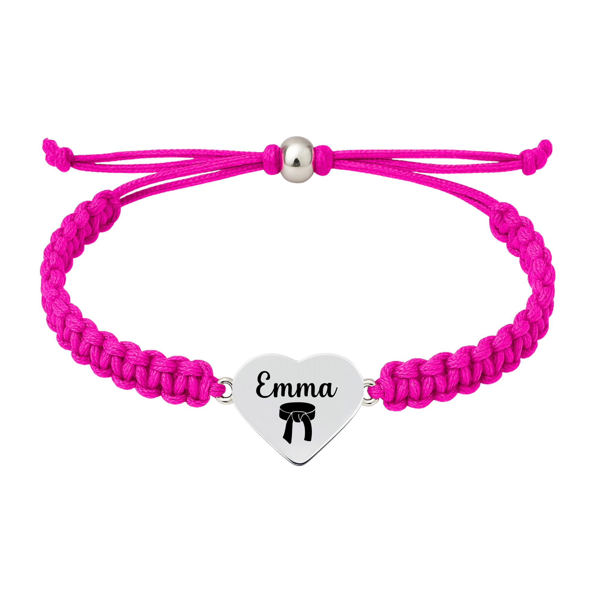 Hot pink bracelet with custom engraved heart charm featuring martial arts belt icon