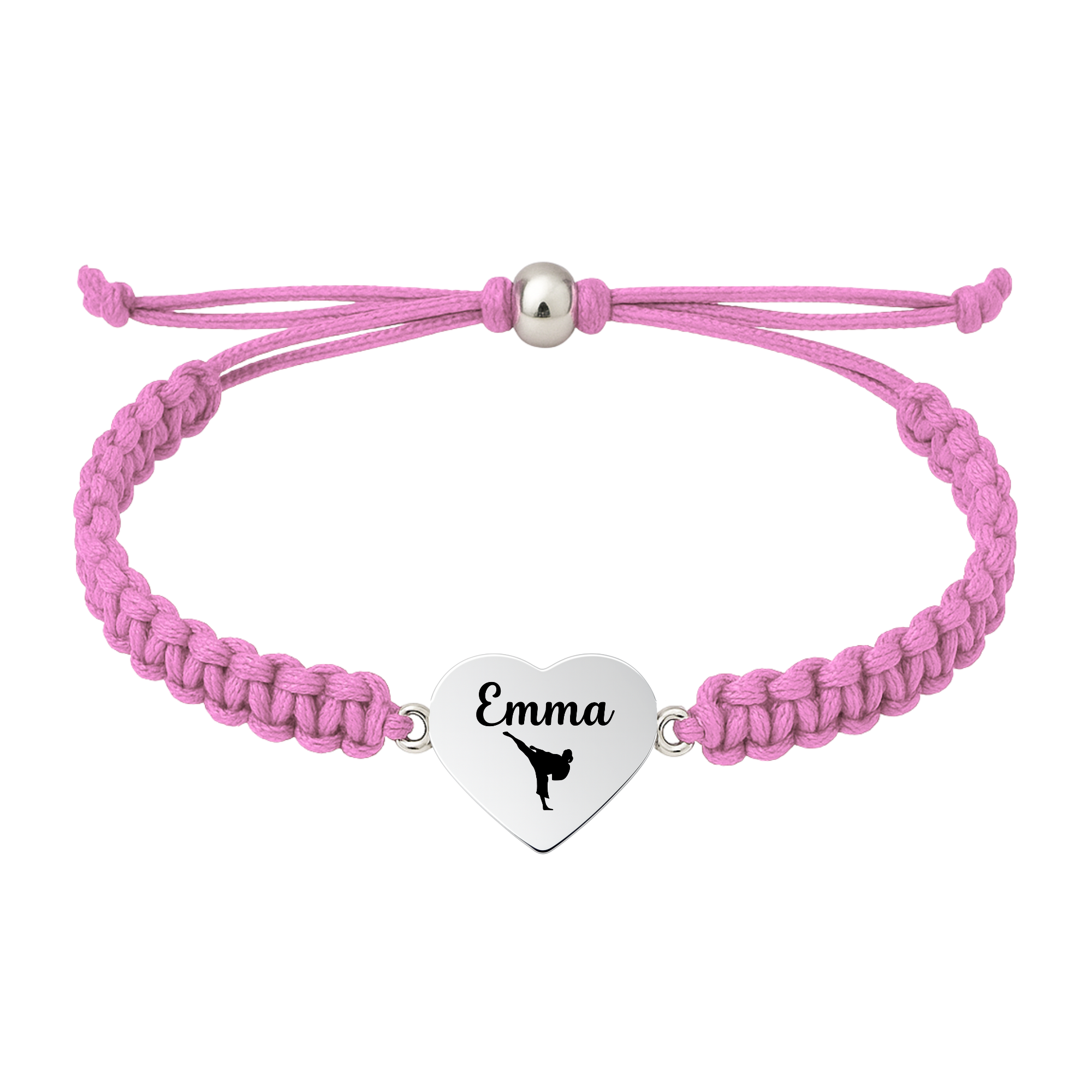 Light pink bracelet with stainless steel heart charm for martial artists, engraved with belt symbol