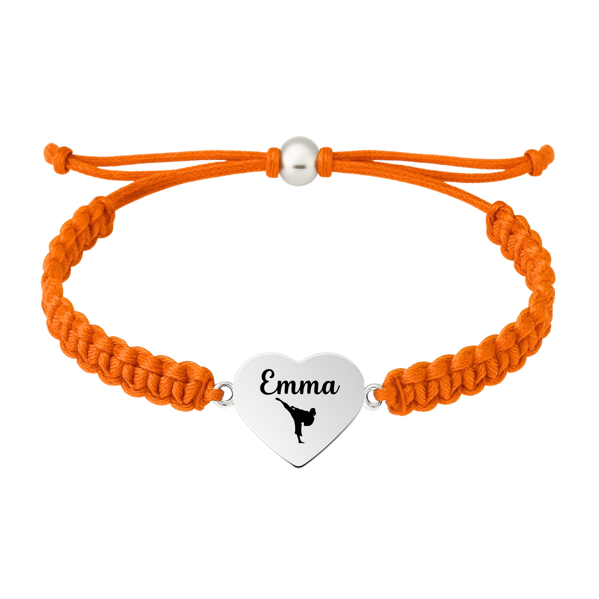 Orange bracelet with engraved heart charm personalized with martial arts design