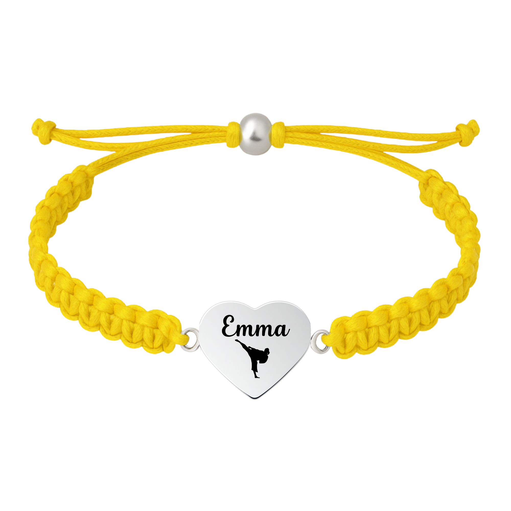 Yellow bracelet with engraved stainless steel heart charm and martial arts icon