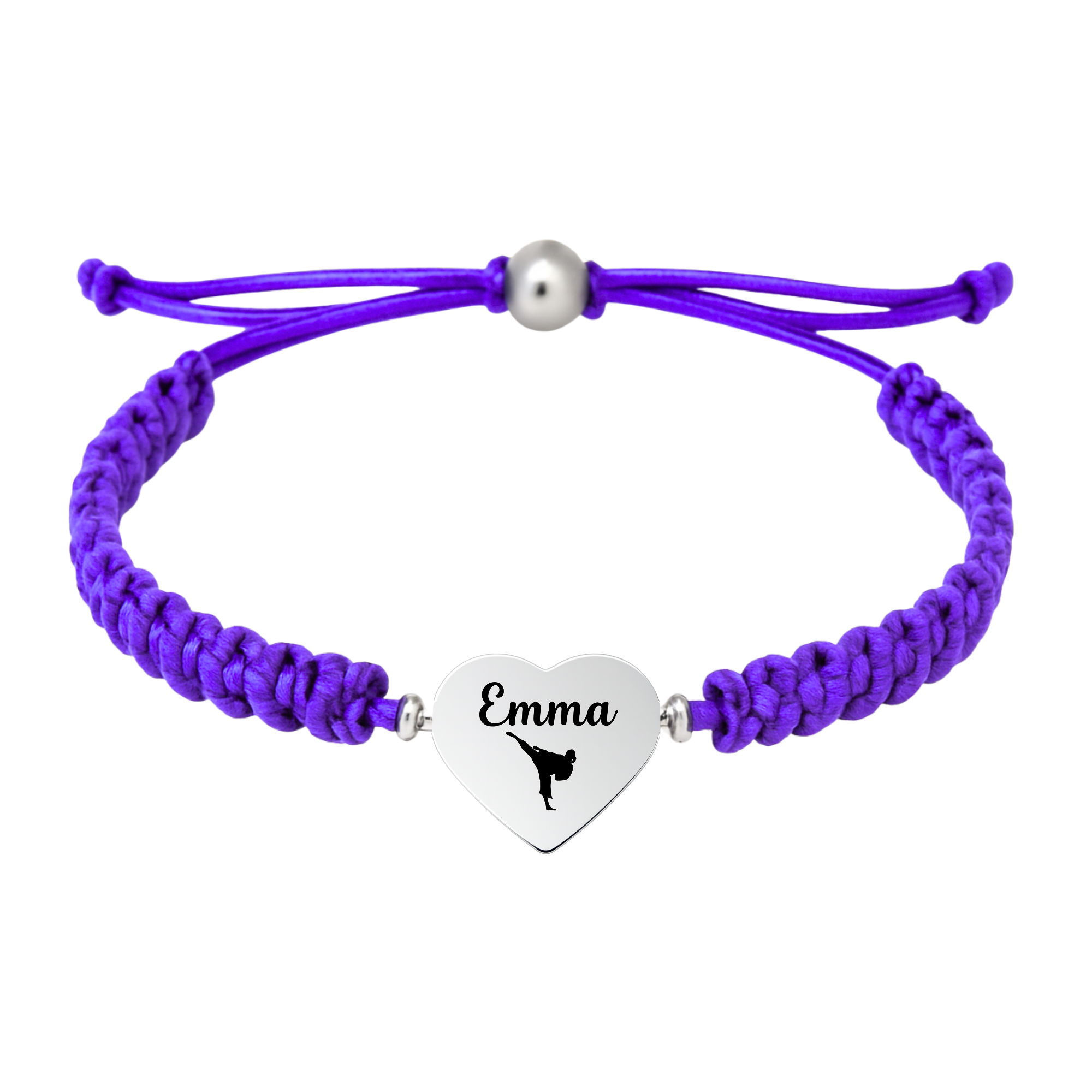 Purple bracelet with custom engraved martial arts belt heart charm