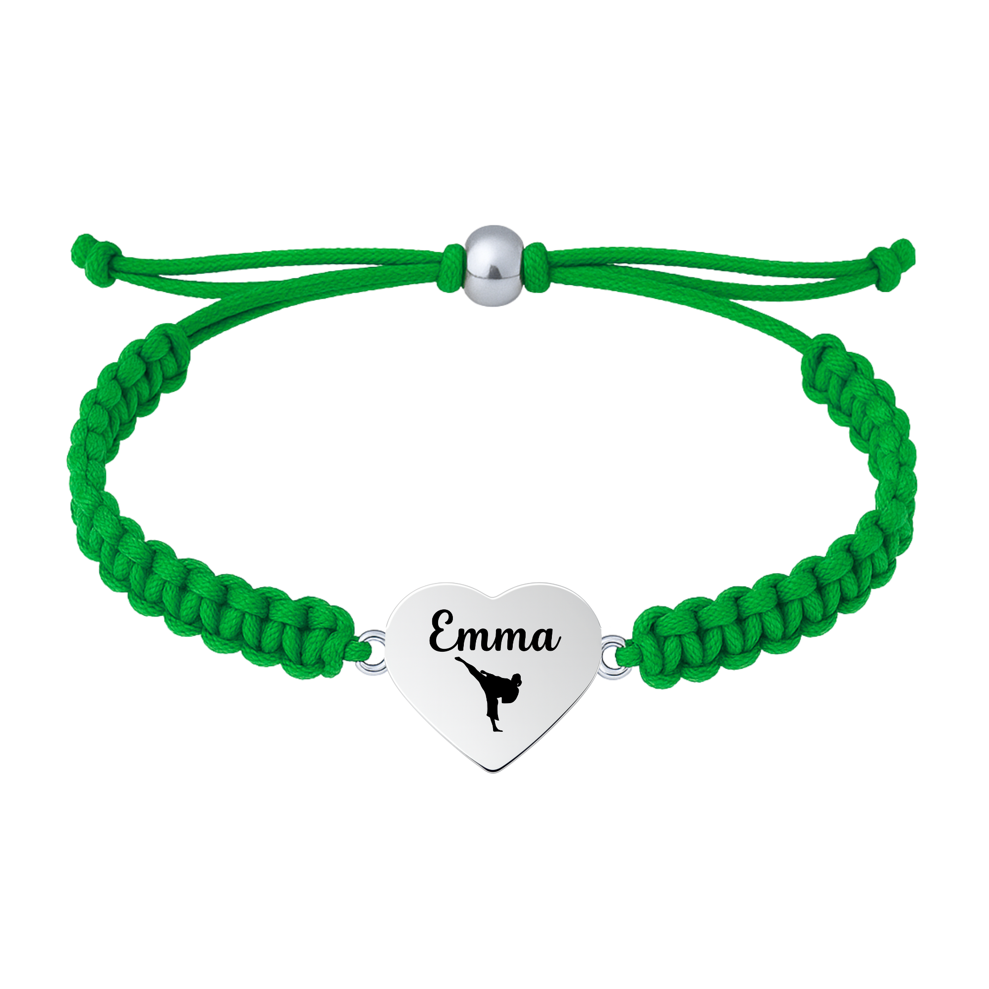 Green bracelet with adjustable cord and martial arts heart charm engraved