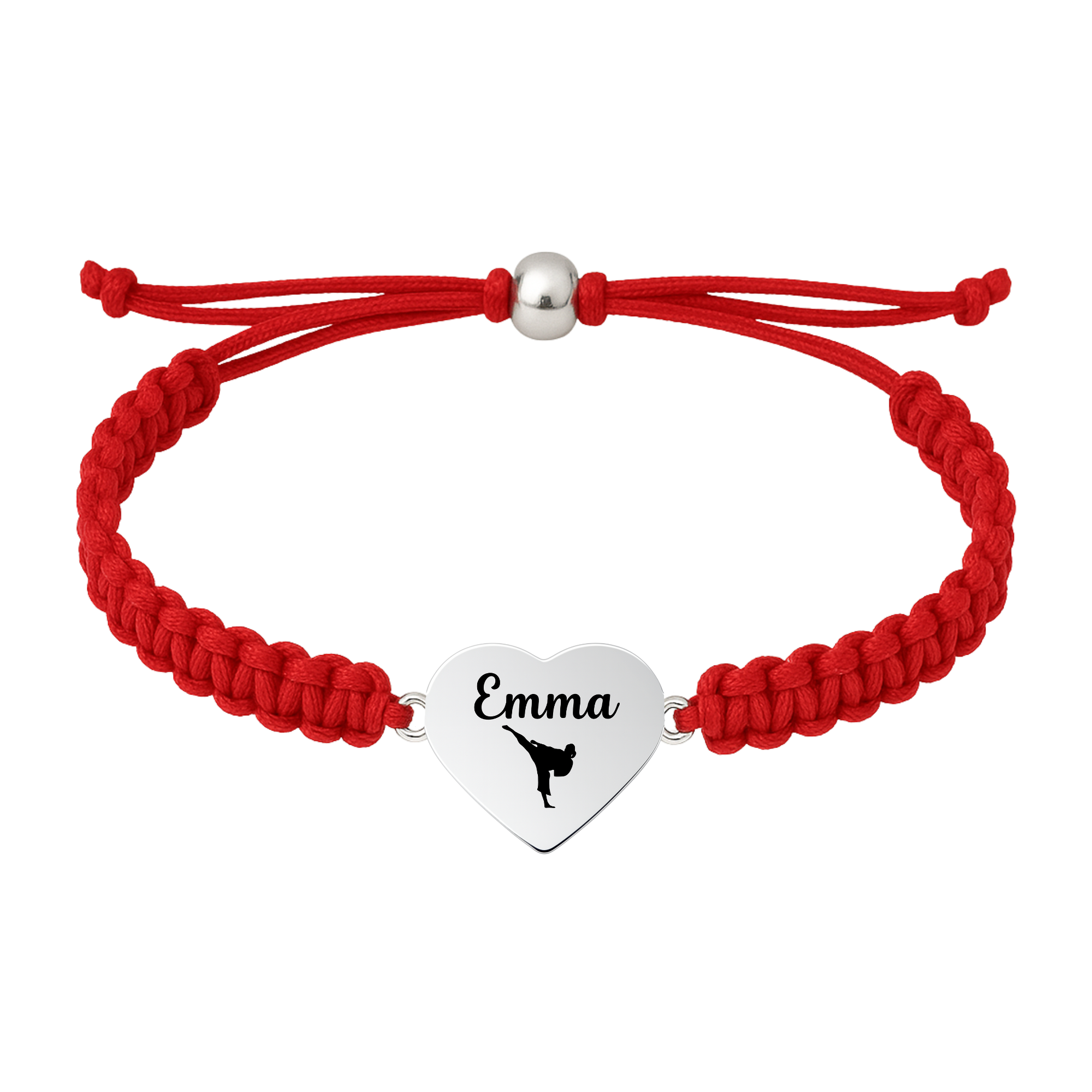 Bright red bracelet with engraved heart charm, martial arts belt design
